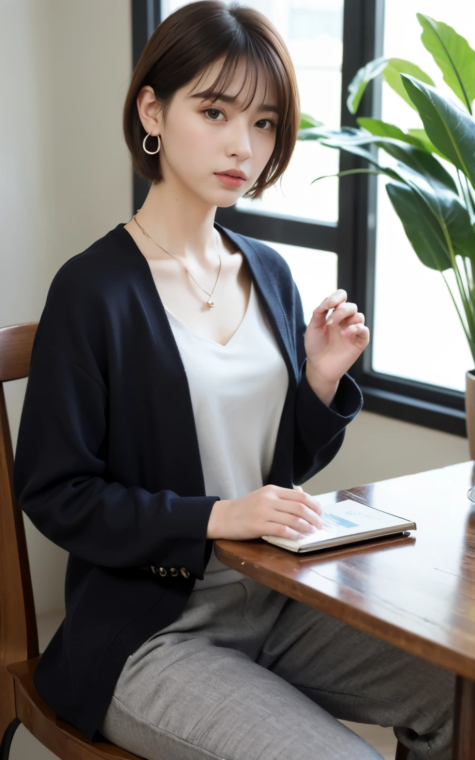(masutepiece:1.2), Best Quality, High resolution, Unity 8k壁纸, (Illustration:1.0), Beautiful detailed eyes:, extra detailed face, Perfect Lighting, extremely details CG,
 1girl in, Bare_tree, Black_hair, brown_Eyes, brown_hair, building, Dress, earrings, flower, Indoors, Jewelry, apples, Lips, Necklace, Outdoors, pearls_Necklace, plant, potted plant_plant, Short_hair, Solo, tree, window, up looking_で_viewer, Jacket, Pants, Bag, Chair, phone, The table, Handbag, Realistic