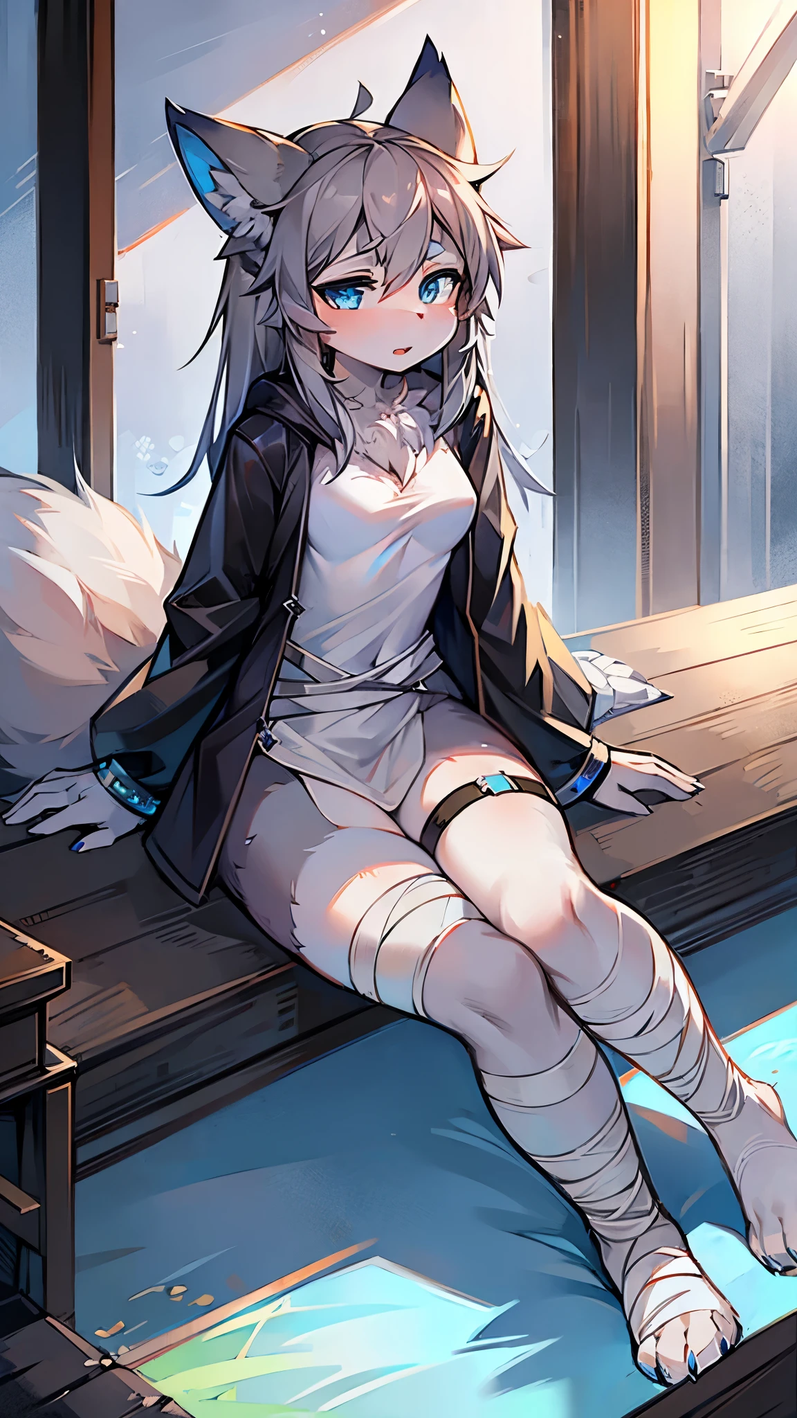 girl,Big-tailed wolf,gray hair,blue eyes,bandage