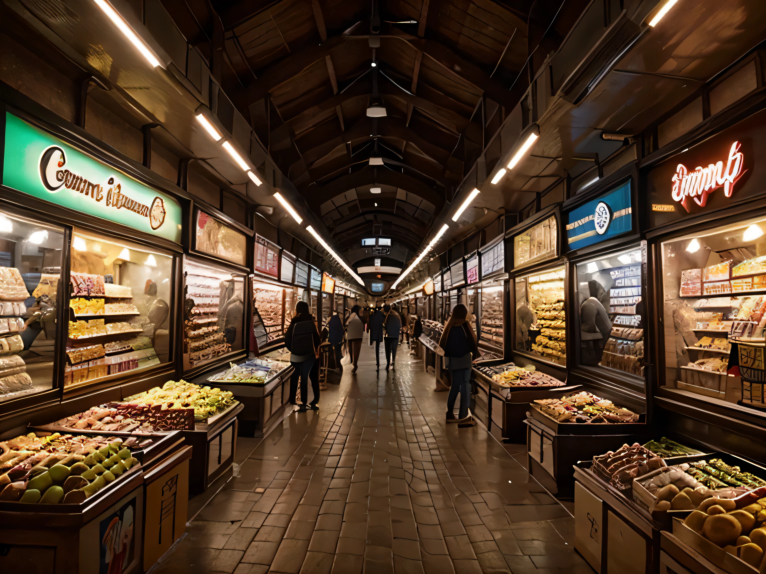 un pasaje comercial con muchas tiendas de todo tipo, con mucha gente comprando, letreros luminosos