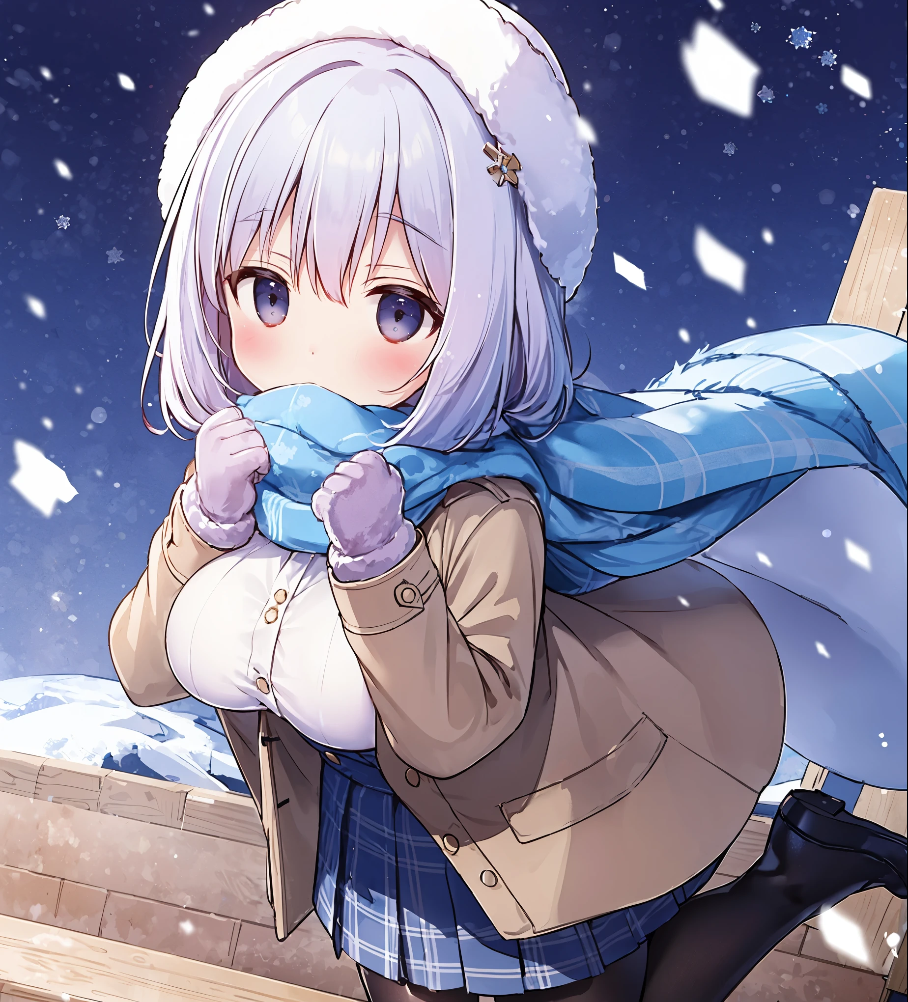 1 girl, alone, scarf, skirt, pantyhose, have, long hair, Plaid, coat, Plaid scarf, outdoors, eyebrows visible through hair, looking at the viewer, pleated skirt, blush, mittens, bangs, beanie, long sleeve, black legwear, snowing, dutch angle, boots, wood, purple skirt, fringe trim, blue eyes, holding,  Are standing,, winter clothes, sleeves go over wrists, covered mouth, white mittens, winter, white hat, bare wood, brown coat,mist,heavy breathing,cute,cute, 1 young girl, alone, side up short hair, pixie cut, bangs, hair ornaments, Eyes, index finger, close view, From Adobe, Severe, Oversized cardigan with patch pockets and hood, big breasts, Break the night starry sky background、black stockings、Purple blue eyes、Silky silver hair、ラップskirtを着ている女の子、A girl with very large and beautiful breasts、Kyoani style