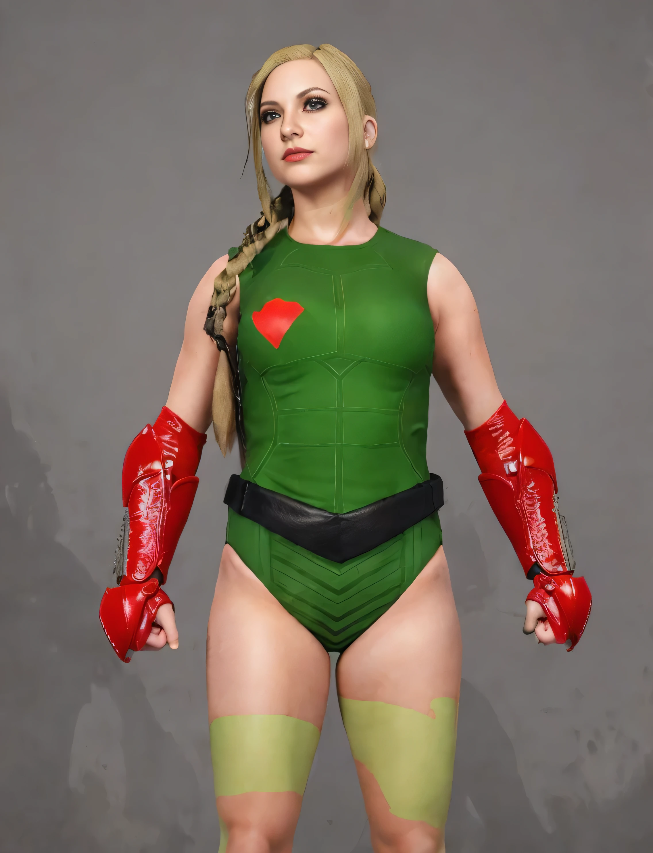 ((masterpiece, best quality)), ((23 year old)), (((Curvy))), ((Cammy from Street Fighter)), in ((green high cut combat leotard)), (red combat bracers), black leather belt, green camo leg-paint, ((((photo realistic))))