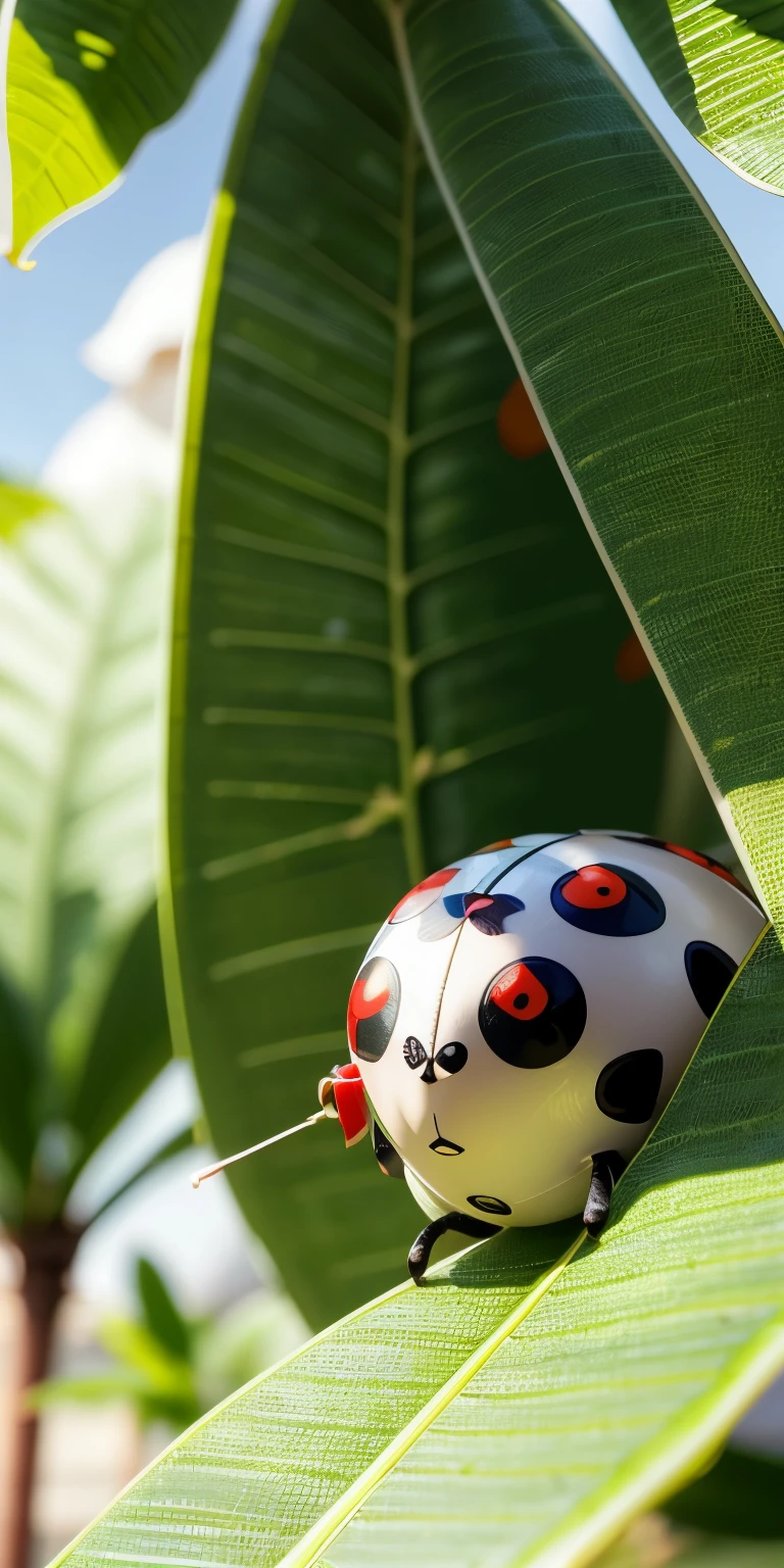 A close-up of Luna the ladybug (white shell) hiding under a large green leaf, peeking out shyly with tears in her eyes.