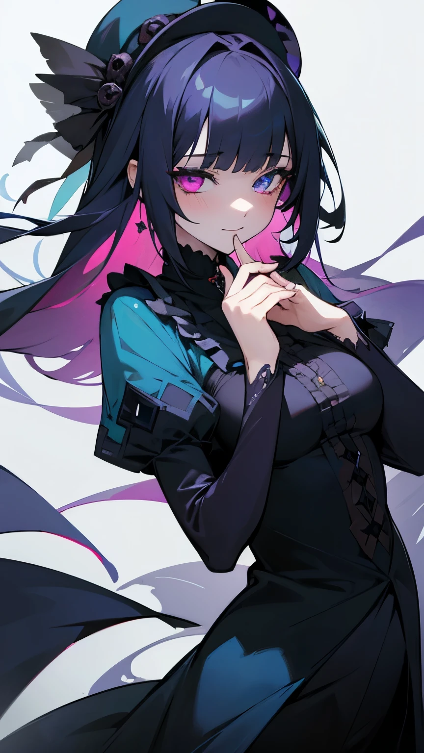 Sparkling,front,smile,blue clothes that cover the skin,heterochromia,right eye red,Zuo Muqing,unity 8k wallpaper, super detailed, beautiful, beautiful, ((new goth gal:1.4)), masterpiece, highest quality, dark, in the atmosphere, Mysterious, romantic, Spooky, literature, art, fashion, victorian, decoration, Complex, ironwork, race, contemplation, depth of emotion, Supernatural, 1 girl, alone, butterfly々Fluttering