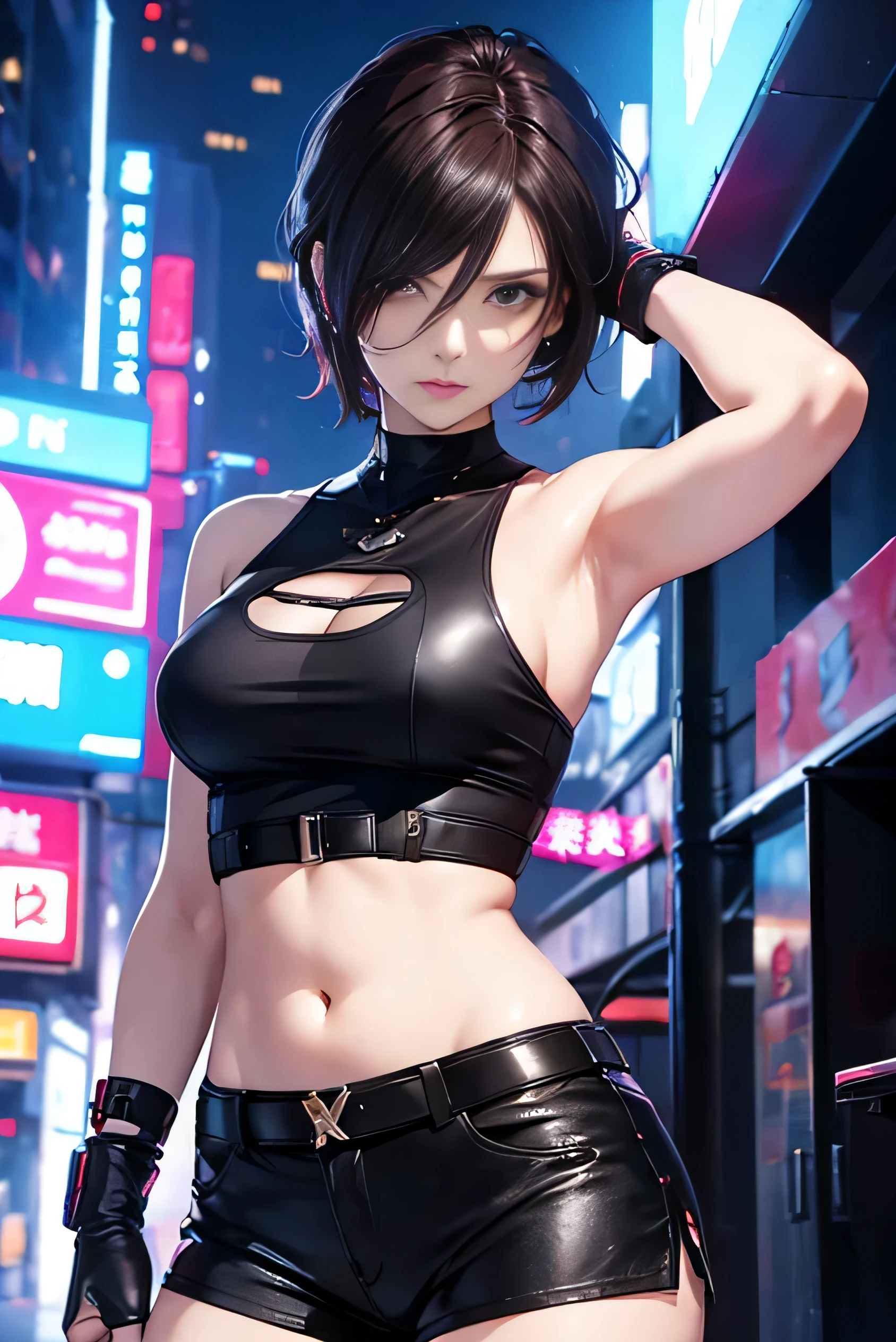 (Resident Evil Ada 1.5),(40 years old1.5)、expensive, chest,Has a well-proportioned body shape,{{{chopped}}},(black and red tank top、Navel exposure、Black leather low rise shorts 1.5),日本warior,warior盔甲,woman warior,{{{cyberpunk city}}},expensive家,{{{neon light}}},highest quality,cyberpunk city,wario