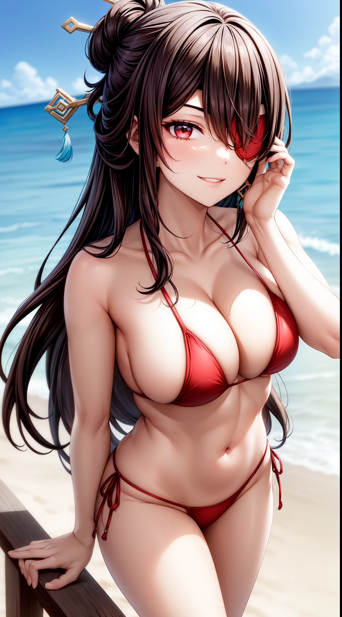 anime, beautiful face, highly detailed face, (2 accurate legs:1), red detailed eye, (eye patch:1.1), highly detailed beach background, perfect lighting, best lighting, (no shadows:1.2), 1girl, solo, outdoors, genshin impact, beidou, (beautiful black hair:1.2), hair ornament, absurdres, high res, ultrasharp, 8K, masterpiece, looking at viewer, teasing smile, facial expressions full of love, BREAK (detailed sexy beach bikini:1.4), (sexy pose:1.2), close up, standing up 