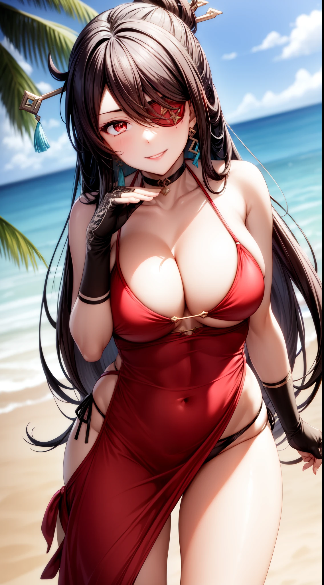 anime, beautiful face, highly detailed face, (2 accurate legs:1), red detailed eye, (eye patch:1.1), highly detailed beach background, perfect lighting, best lighting, (no shadows:1.2), 1girl, solo, outdoors, genshin impact, beidou, (beautiful black hair:1.2), hair ornament, absurdres, high res, ultrasharp, 8K, masterpiece, looking at viewer, teasing smile, facial expressions full of love, BREAK (detailed sexy beach bikini:1.4), (sexy pose:1.2), close up, standing up 