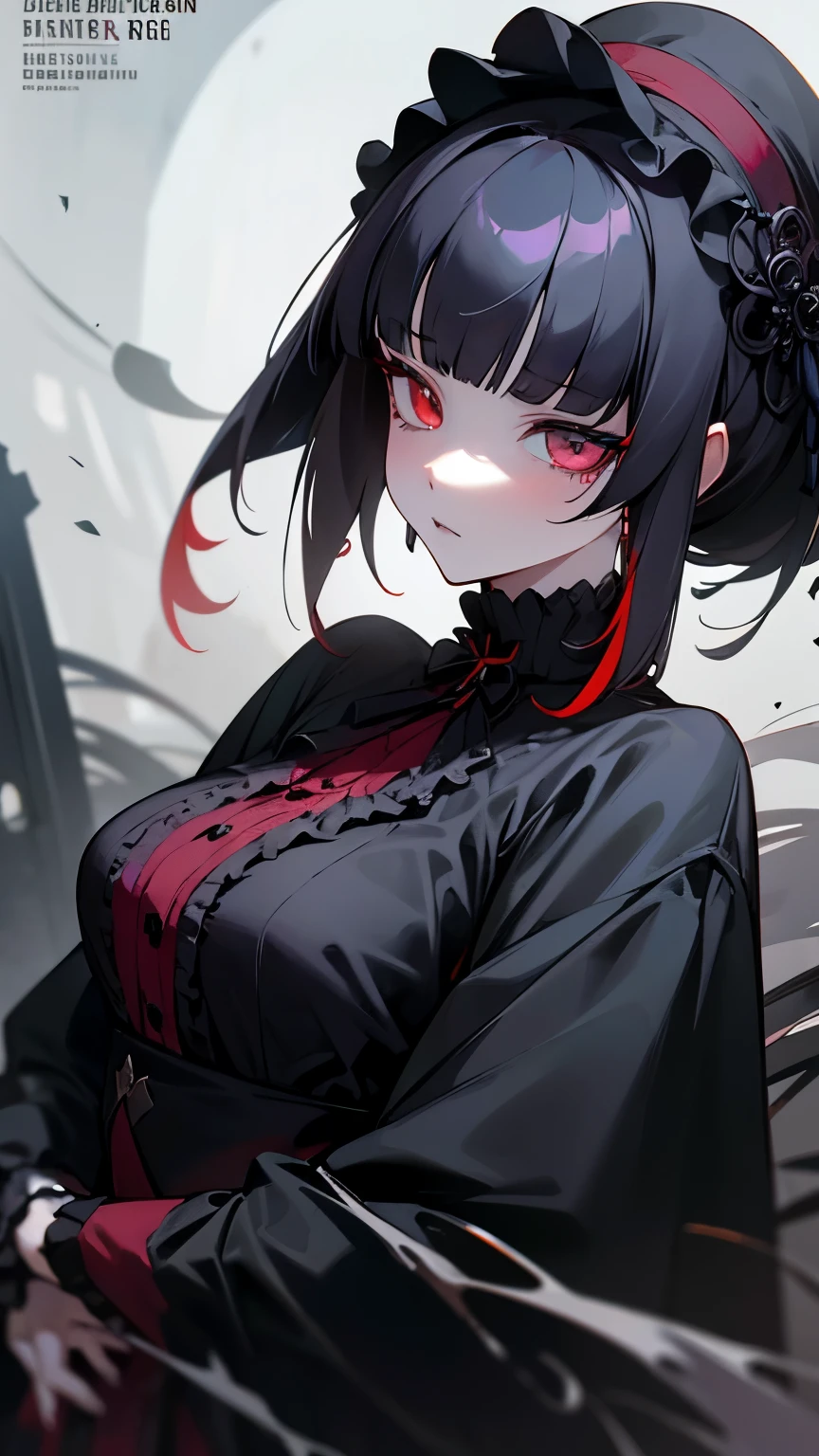 masterpiece,cover the skin,heterochromia,right eye red,Zuo Muqing,unity 8k wallpaper, super detailed, beautiful, beautiful, ((new goth gal:1.4)), masterpiece, highest quality, dark, in the atmosphere, Mysterious, romantic, Spooky, literature, art, fashion, victorian, decoration, Complex, ironwork, race, contemplation, depth of emotion, Supernatural, 1 girl, alone, hip