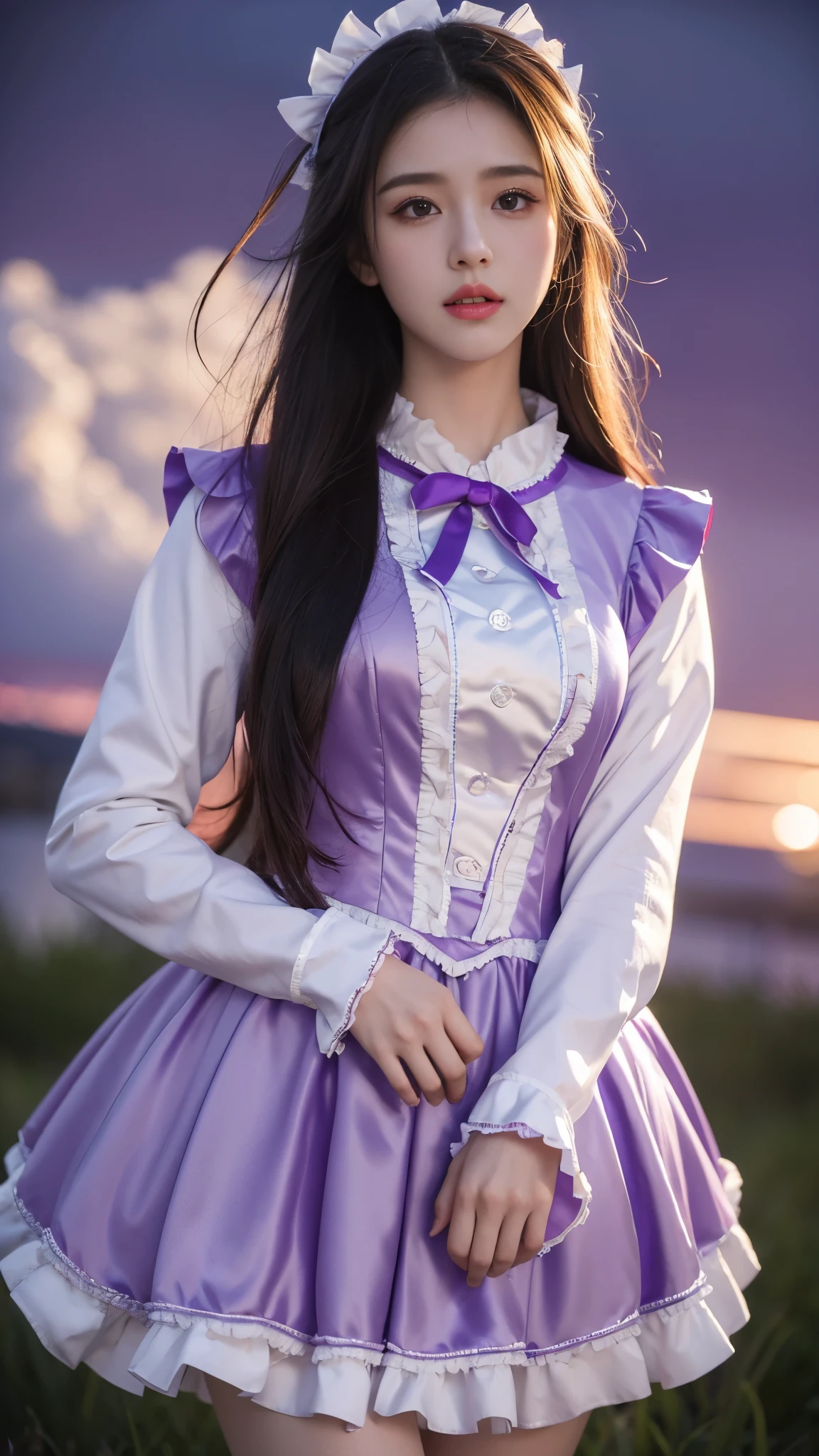 ((of the highest quality, 8K, masutepiece: 1.3)), Beauty, 1 Japan Girl, childish, (baby face:1.2, round face, lower height), portrait, black hair, twin drills, 15 years old, Detailed face, very detailed lips, Detailed eyes, Double eyelids, Sweaty skin: 1.2, :o, head tilt, (collared dress, dark purple dress, frilled dress, long dress, puffy sleeves, long sleeves, red ascot), in the bed room, 