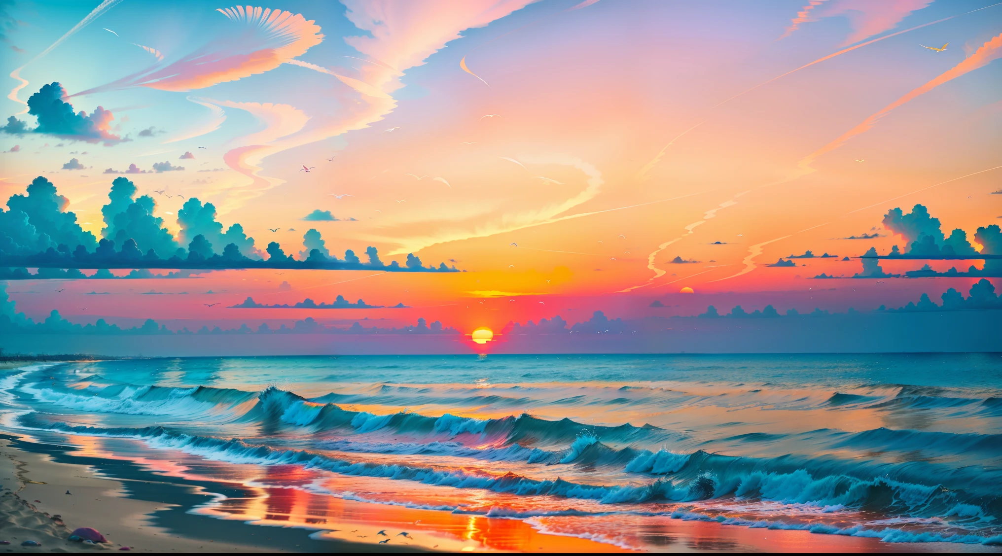 Absolutely mesmerizing sunset on the beach with a mix of oranges, pinks and yellows in the sky. The water is crystal clear, gently kissing the shore, and the white sand is endless. The scenes are action-packed and breathtaking, with seagulls soaring high in the sky and palm trees swaying gently. Immerse yourself in the calm atmosphere and let the serenity surround you.