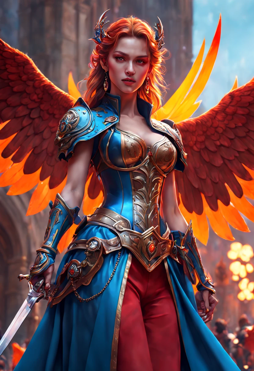 ((Fantasy realism colorful vivid neon lighting)) ((((artist name)))), Hero of Another World/异世界的英雄/異世界の英雄, Medieval fantasy style, highly detailed character, vogue runway fashions details, centre figure, magic, sword, battle, fire, wings, heroism, victory, cinematic environment, ((octane render)), 8k, vivid colors, finely detailed painting by artgerm and greg rutkowski and alphonse mucha