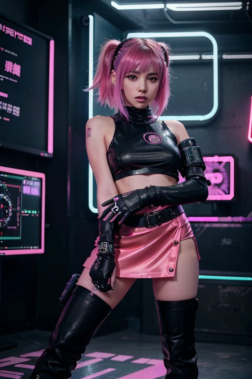 anime girl in a short skirt and boots posing in front of a wall of monitors, cyber punk setting, inspired by Leng Mei, e - girl, e-girl, 2b, 2 b, in cyberpunk style, cyberpunk with neon lighting, cyberpunk 2 0 y. o model girl, kda, in cyber punk 2077, y 2 k cybercore