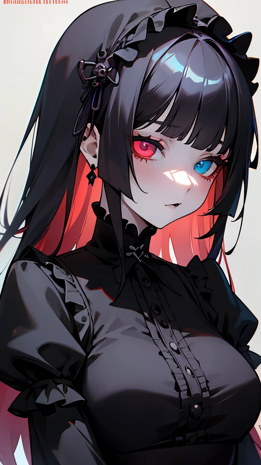 super dollfie,cover the skin,heterochromia,right eye red,Zuo Muqing,unity 8k wallpaper, super detailed, beautiful, beautiful, ((new goth gal:1.4)), masterpiece, highest quality, dark, in the atmosphere, Mysterious, romantic, Spooky, literature, art, fashion, victorian, decoration, Complex, ironwork, race, contemplation, depth of emotion, Supernatural, 1 girl, alone, hip