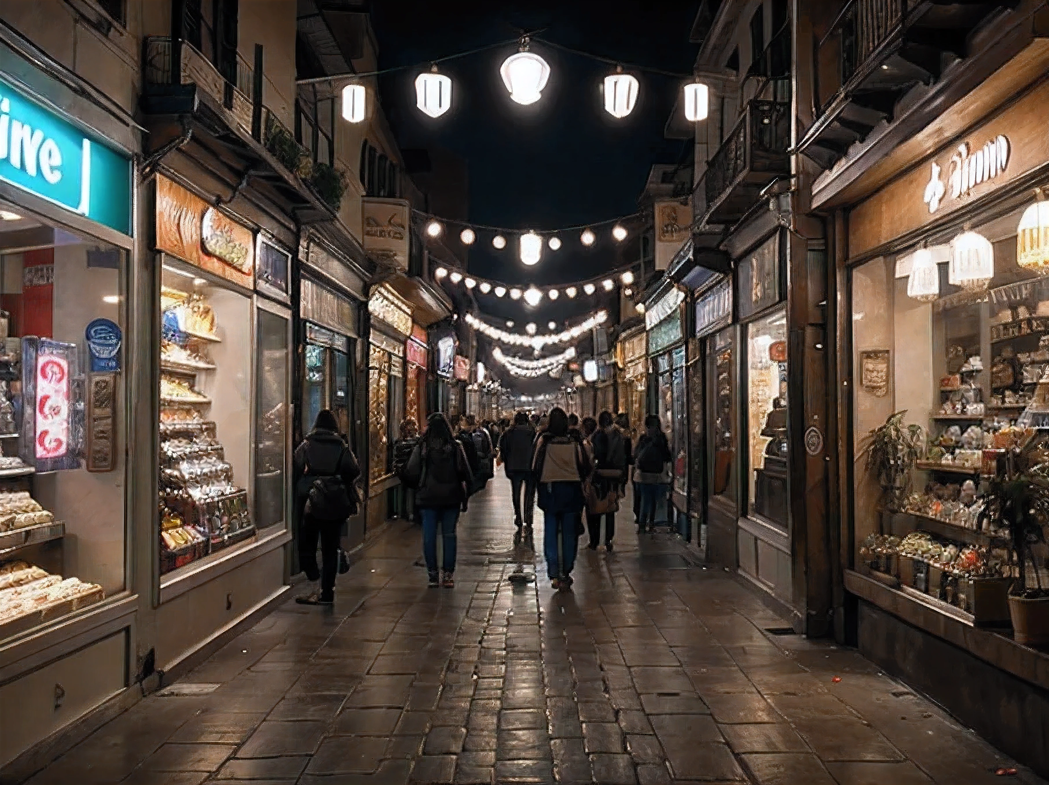 un pasaje comercial con muchas tiendas de todo tipo, letreros luminosos