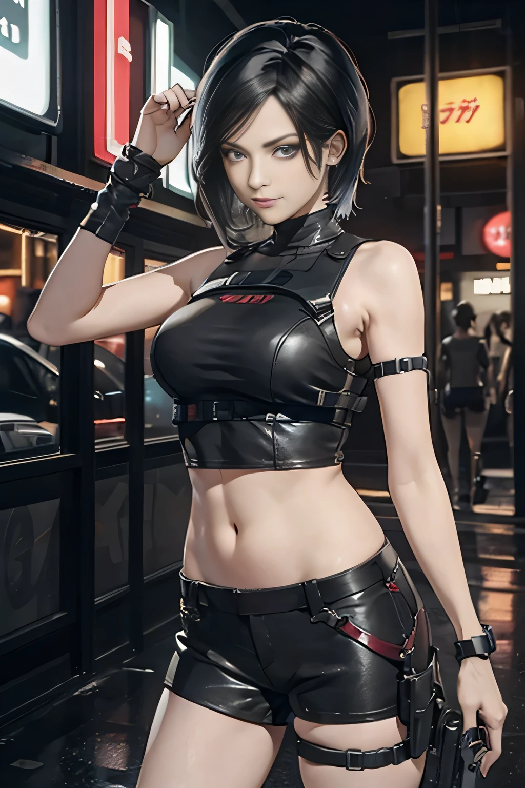 (Resident Evil Ada 1.5)，(40 years old1.3)、expensive, chest，Has a well-proportioned body shape，{{{chopped}}}，(black and red tank top、Navel exposure、Black leather low rise shorts 1.5)、日本warior，warior盔甲，woman warior，{{{cyberpunk city}}}，expensive家，{{{neon light}}}，highest quality，cyberpunk city,wario