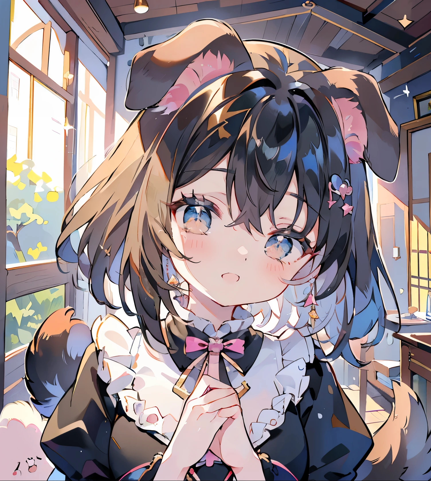 absurderes, hight resolution, (Anime style:1.1), ((masutepiece)), ((Best Quality)), (Ultra-detailed), (Beautiful),Beautiful face、(liftup),Cute  s、((((dog ears、Dog tail、a smile))))Black hair、fluffy hair、Glitter eyes、maid clothes、Black dress、Dog Girls(((((1girl in)))))a park((((The upper part of the body))))