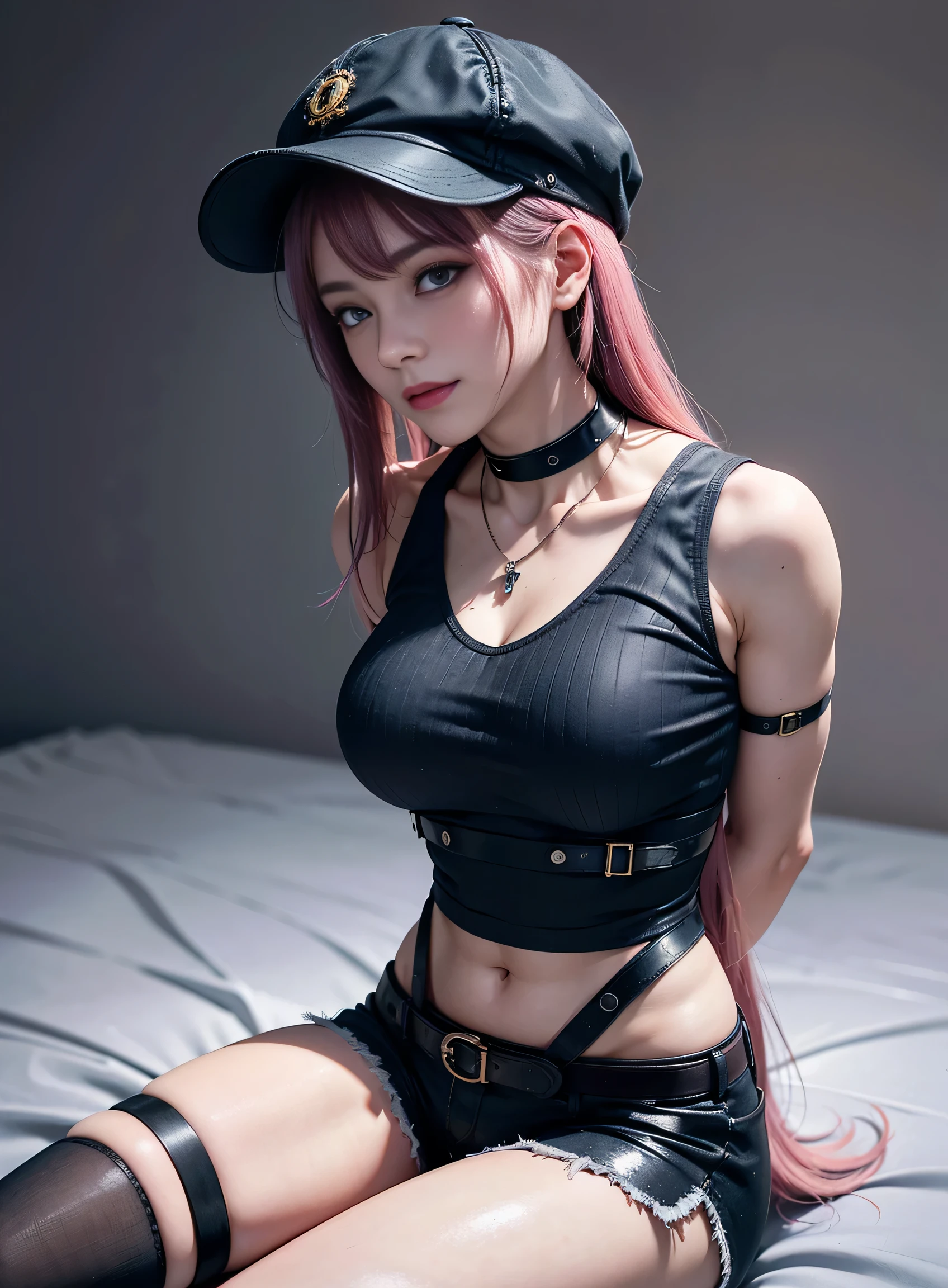 sfw, (absurdres, 8k, 4k, masterpiece, hyper extreme detailed:1.2), solo, 1girl, front view, perfect face, 1girl, portrait, expressive eyes, looking at viewer, solo, standing, mature female, pale, adult, looking forward, front view, confident, wind, windy, moving hair, front view, mature body, tomboy, adult, Newsboy Cap, long pink hair, black shorts, yellow belt, waist jacket, dark blue, medium bust, black wrist cuffs, black pupils, dark pink irises, hair down to back, egotistical, powerful, strong, proud, arrogant, ripped clothes, blue newsboy cap, right hand on hip, streetwear, fashionable, crazy face, crazy eyes, crazy smile, right bangs, necklace, bound, bondage, (arms behind back:1.4), bdsm, tape gag, tape, tape bondage, close-up, restrained, best anatomy, full body, tape wrapped, wrap gag, bondage, sitting down, wearing bra,((skinny waist)), young asian girl, ((big breasted)),