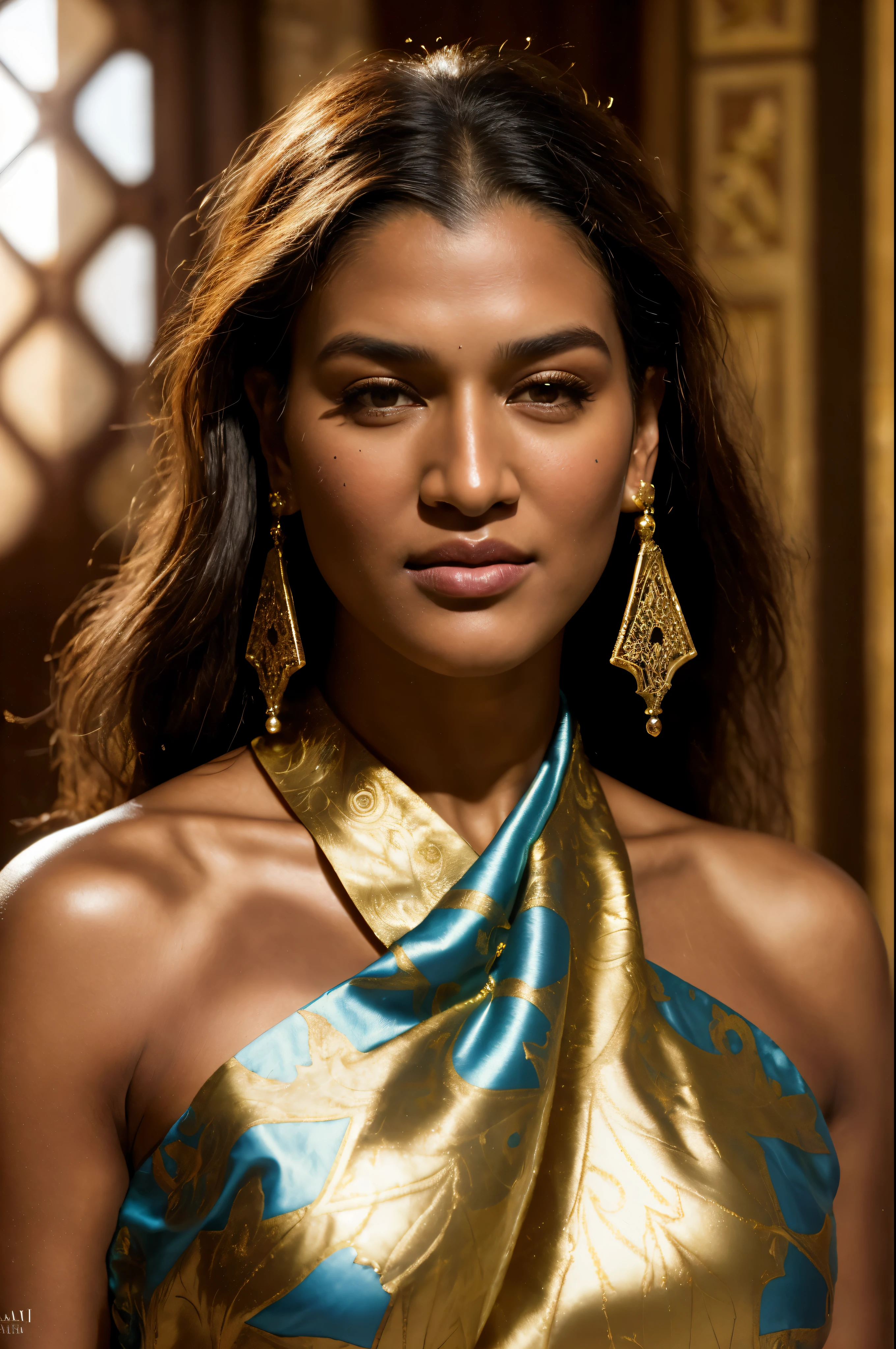 Foto RAW, close up portrait of a 40 year-old gorgeous confident blasian dark-skinned medieval fantasy queen, extremely gorgeous, looks like Kriti Sanon,  almond-shaped eyes, plump lips, gorgeous hazel-colored eyes, long hair, dutch braids, elaborate hairdo, serious look, steadfast expression, slim, body oil, moisturizing oil, tanning oil, oiled body, glowing skin, skin pores, rich regal traditional fantasy north african regal clothes, filigree jewels, in a fantasy north african palace, (backlighting), realistic, masterpiece, highest quality, lens flare, shade, bloom, [[chromatic aberration]], by Jeremy Lipking, by Antonio J. Manzanedo, digital painting, (pele altamente detalhada: 1.2), 8k UHD, DSLR, alta qualidade, grain of film, Fujifilm XT3