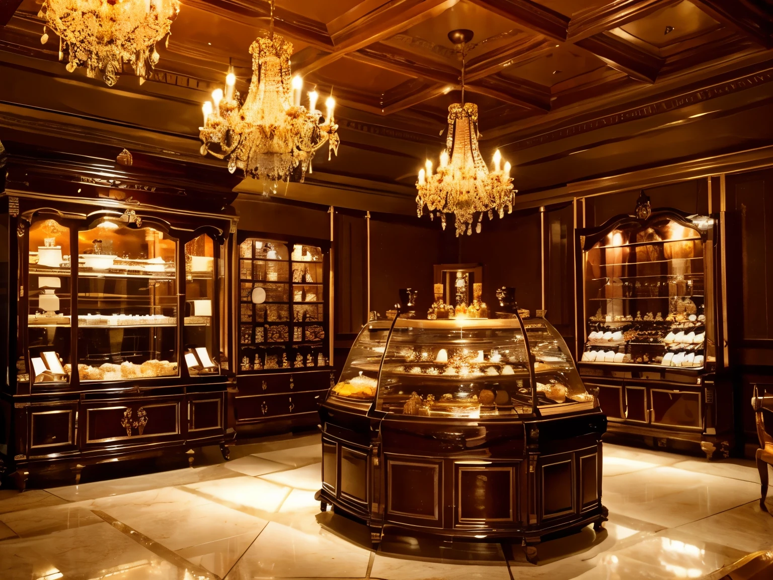 Small chocolatier decor, antique, gleaming.