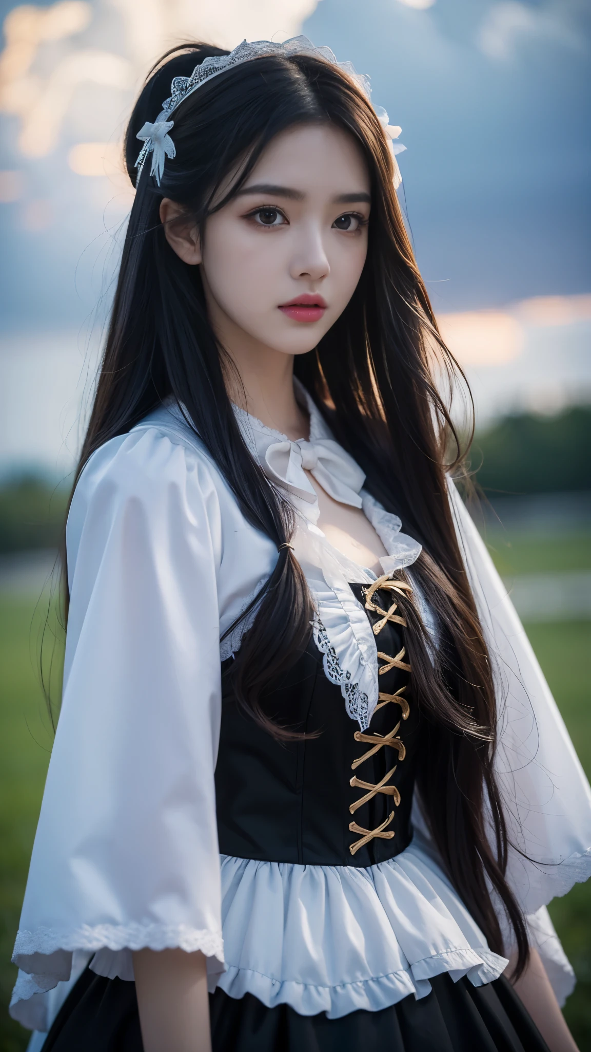 8k, ultra hd, masterpiece, 1 girl, very cute face, detailed eyes, ultra long hair, detailed lips, light makeup, very detailed costume, lolita costume, black costume, strome weather, clouds, low lighting, blowing air,