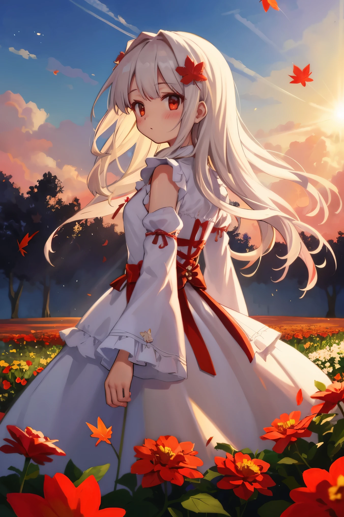 masterpiece, best quality, extremely detailed, (beautiful background:1.3), detailed, from behind, BREAK 1girl, white hair, red eyes, wavy hair, blush, very long hair, solo focus, close up, BREAK flowerbed forming a circle on ground, flowers, arms behind back, wall of flowers, bokeh, beautiful detailed lighting, particles, sun rays, floating maple leaves, beautiful dress, frilled dress, frilled sleeves, light rays focusing on body, red roses, (maple leaf:0.5), sunrise, skies, clouds, blue sky, (shooting stars:0.9)