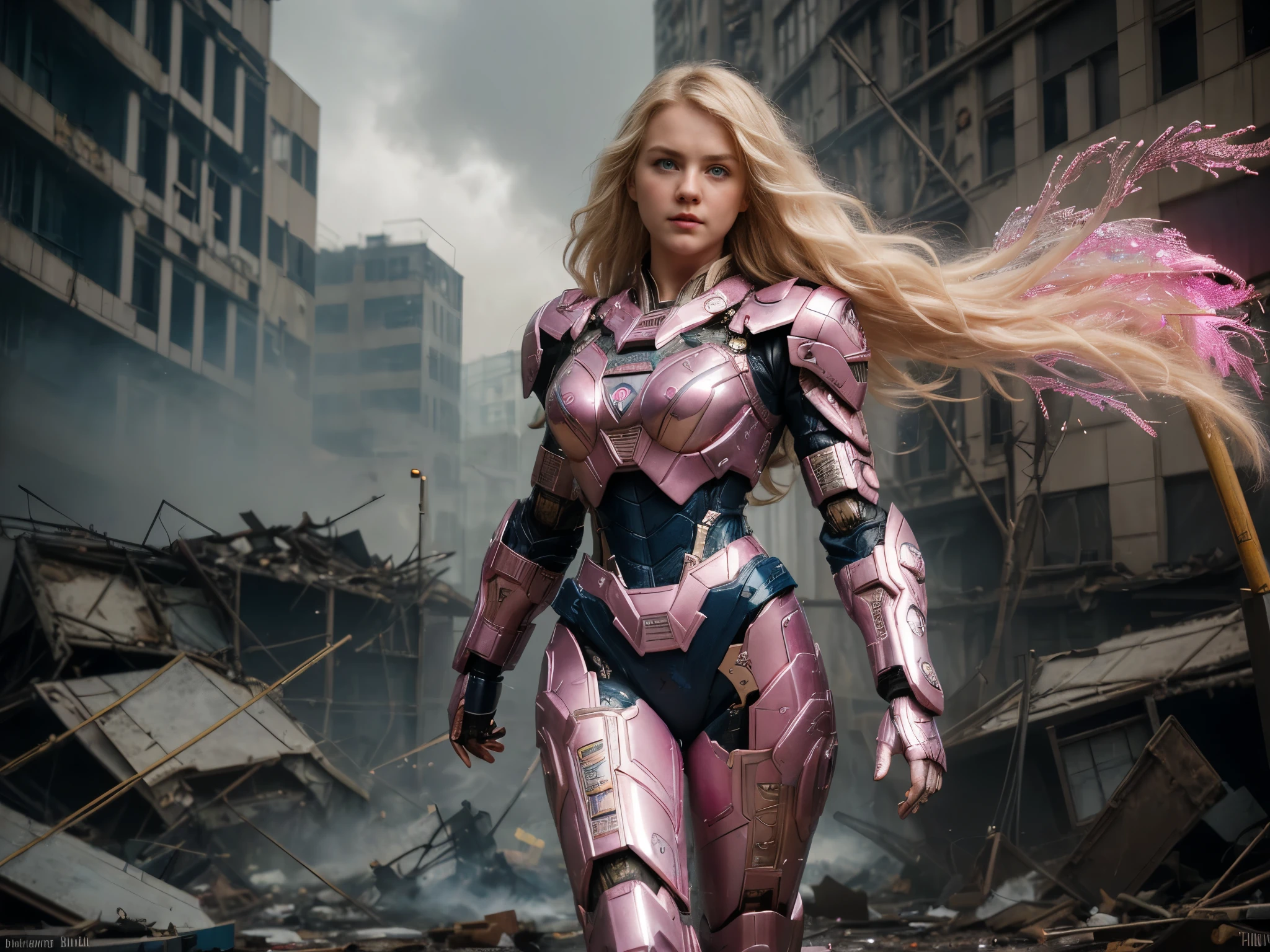 (best quality,4k,8k,highres,masterpiece:1.2),ultra-detailed,(realistic,photorealistic,photo-realistic:1.37),A hero from another world,cute blond,beautiful detailed eyes,beautiful detailed lips,extremely detailed eyes and face,long eyelashes,pink lace,mecha,space,hot,full length,shiny armor,glowing energy sword,heroic pose,futuristic setting,vibrant colors,celestial background,cosmic lighting,adventure,fearless,protecting the universe, head to toe, full length picture
