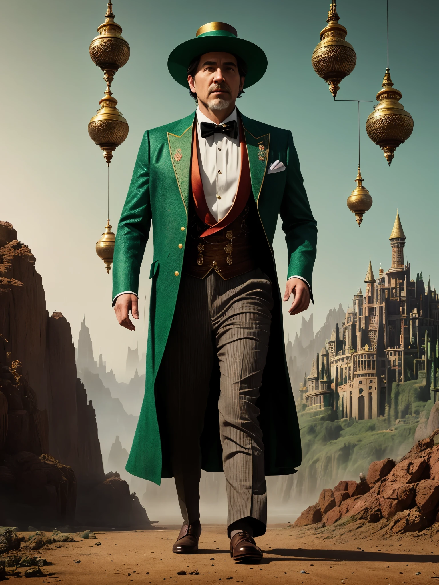 Goodwin man the great and the terrible - the wizard of the emerald city, a tall hat-case on his head, a tailcoat with patterned embroidery of emerald, amber and ruby colors, gold coins and jewelry on the floor of the palace, creepy, intricate works by Tuta Wu, Vlop and Bipla, the whole object in the frame, cinematic rendering, trend on artstation, Greg Rutkowski, very consistent symmetrical work, cinematic, hyperrealism, natural environment, high detail, octane rendering, 8k