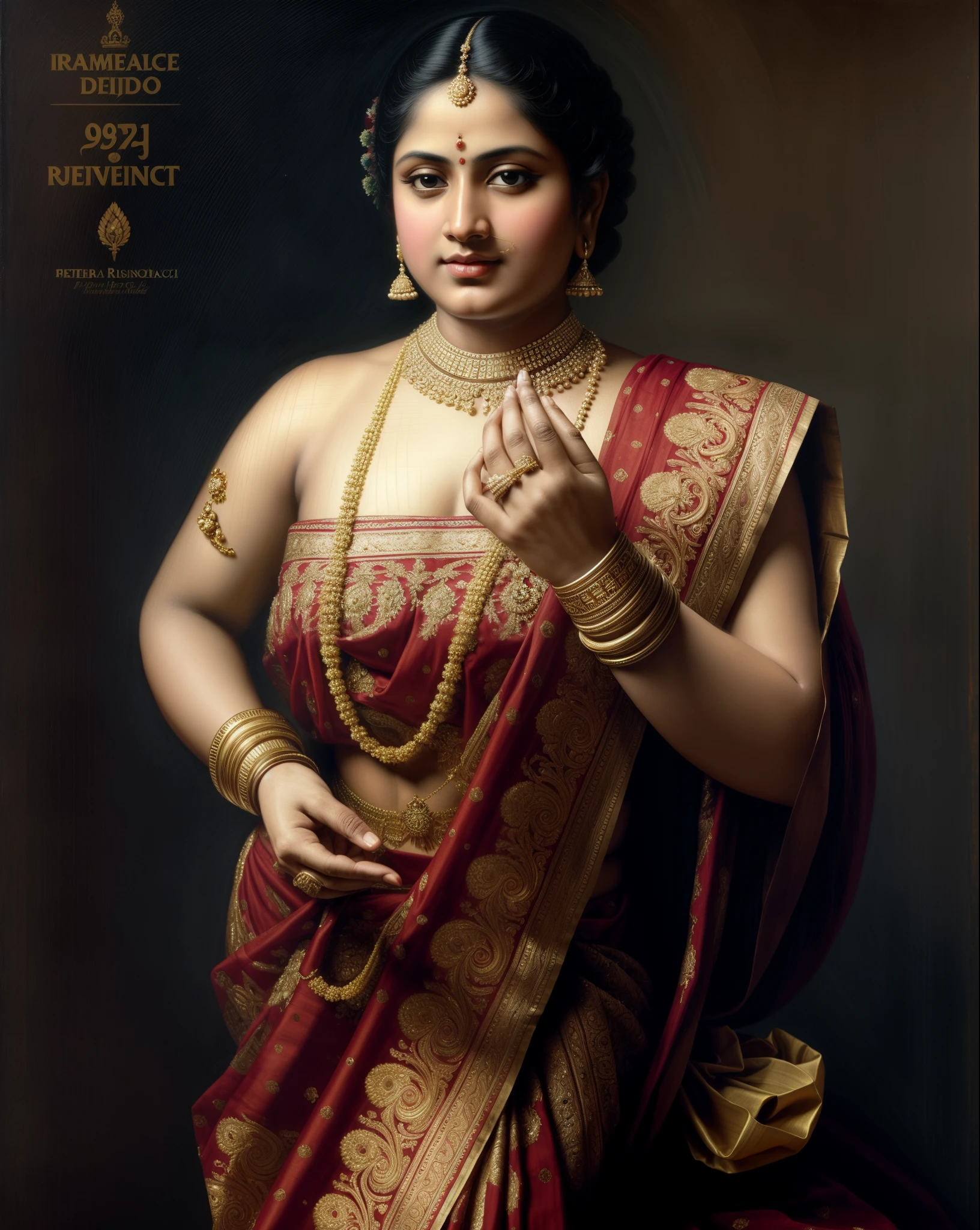Beautiful Indian Woman, wearing saree, sari Beauty, gorgeous, Apsara, Maharani, royal queen woman, nymph from Hindu Mythology, Urvashi, matchless beauty, Highly detailed, Oil Painting by Peter Paul Rubens inspired by Raja Ravi Varma, Matchless beauty, captivating, gorgeous, heavenly beauty, celestial beauty, by Peter Paul Rubens, 1893, realistic, hyper realistic, micro details, incredible artwork, insane details, ultra High resolution, 8k, 32k,  acrylic on canvas, intricate, flawless, detailed, detailed face, detailed eyes, masterpiece, by Peter Paul Rubens, by Caravaggio, by William Adolphe bouguereau, perfect face, perfect body, beautiful art, realism, baroque, renaissance Art, highly textured, beautiful and detailed eyes, uhd, best quality,