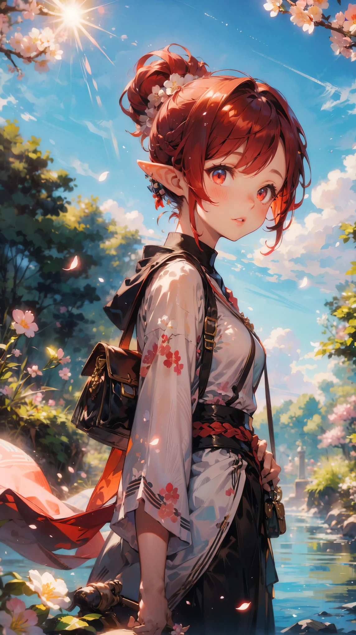 elf girl , beautiful face ,red hair,ponytail,hair up sakura blossom , blossom scatter,red eyes,river,nature,trees,flowers,sky,sun,clouds