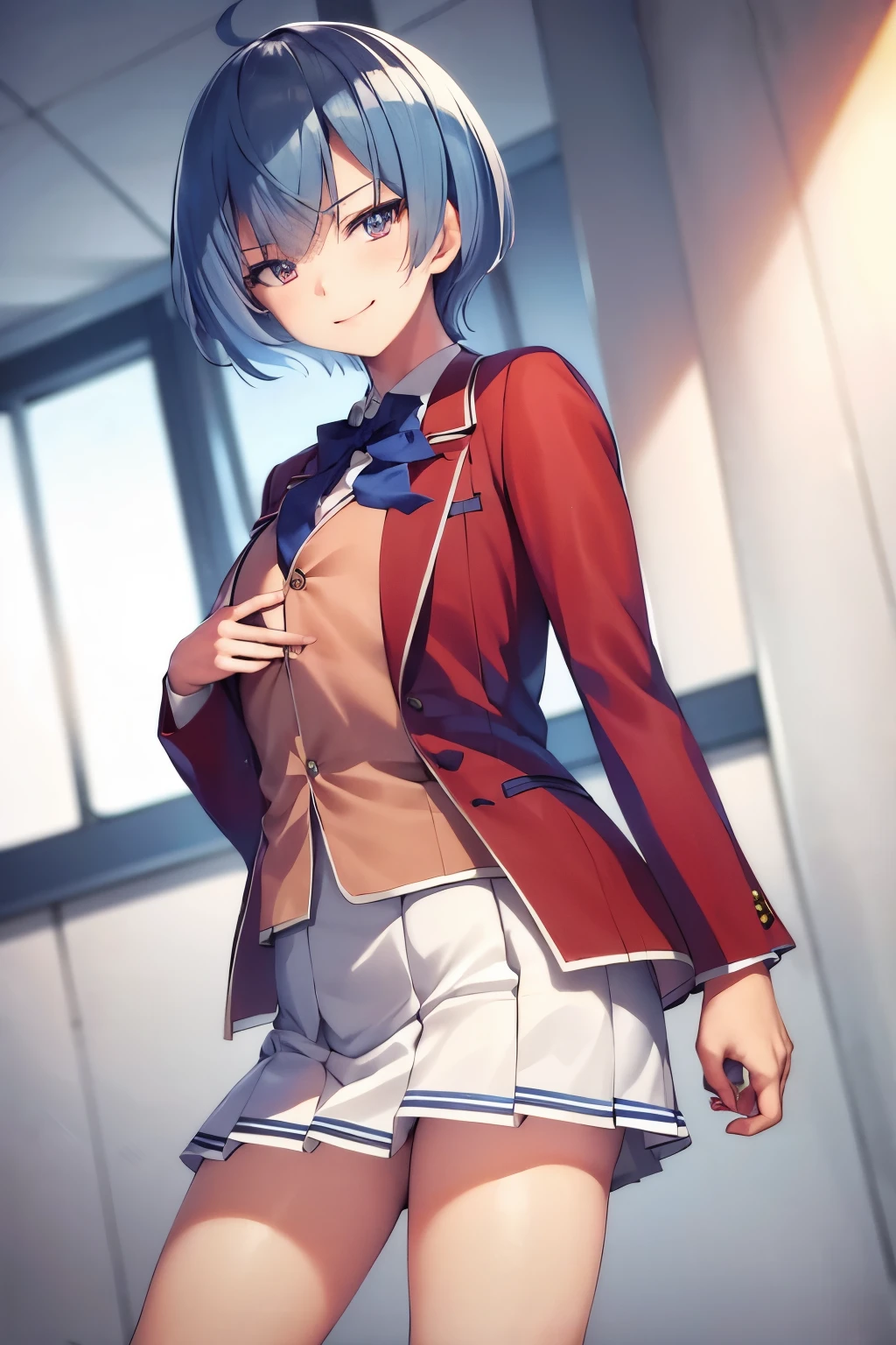 masterpiece, best quality, highres, 1girl ibuki mio short hair blue hair, white skirt red jacket open jacket smile, standing, indoors, from behind