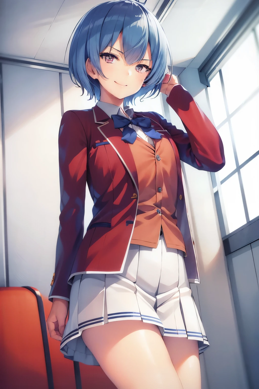 masterpiece, best quality, highres, 1girl ibuki mio short hair blue hair, white skirt red jacket open jacket smile, standing, indoors, from behind