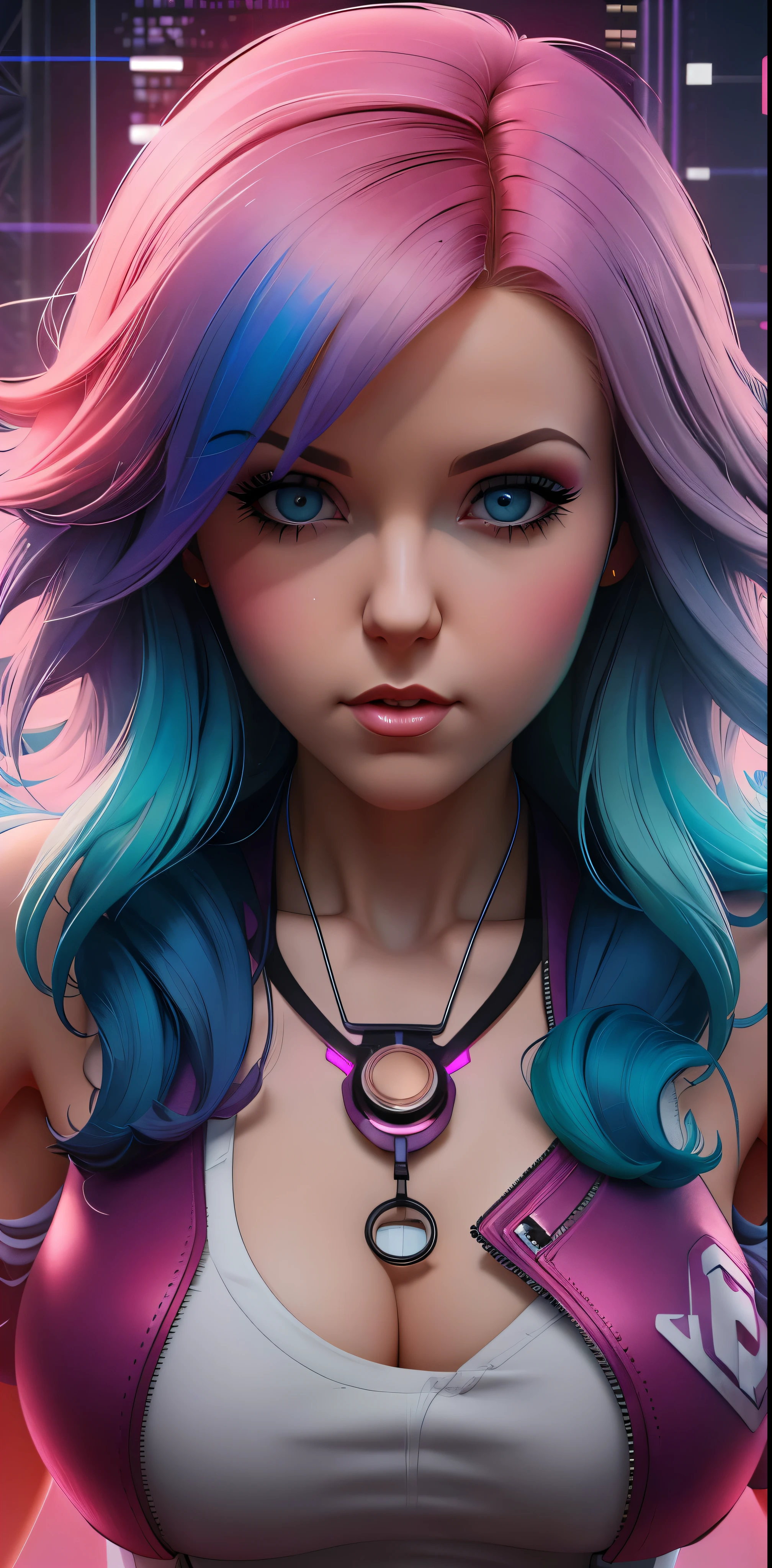 um close de uma mulher com cabelo azul e rosa, deviantart artstation cgscosiety, garota cyberpunk sonhadora, Beeple e Jeremiah Ketner, Arte detalhada de alta qualidade 8k, arte digital realista 4k, arte digital realista 4k, cgsociety inspirado, artgerm julie bell beeple, [ trends at CGSociety ]!!