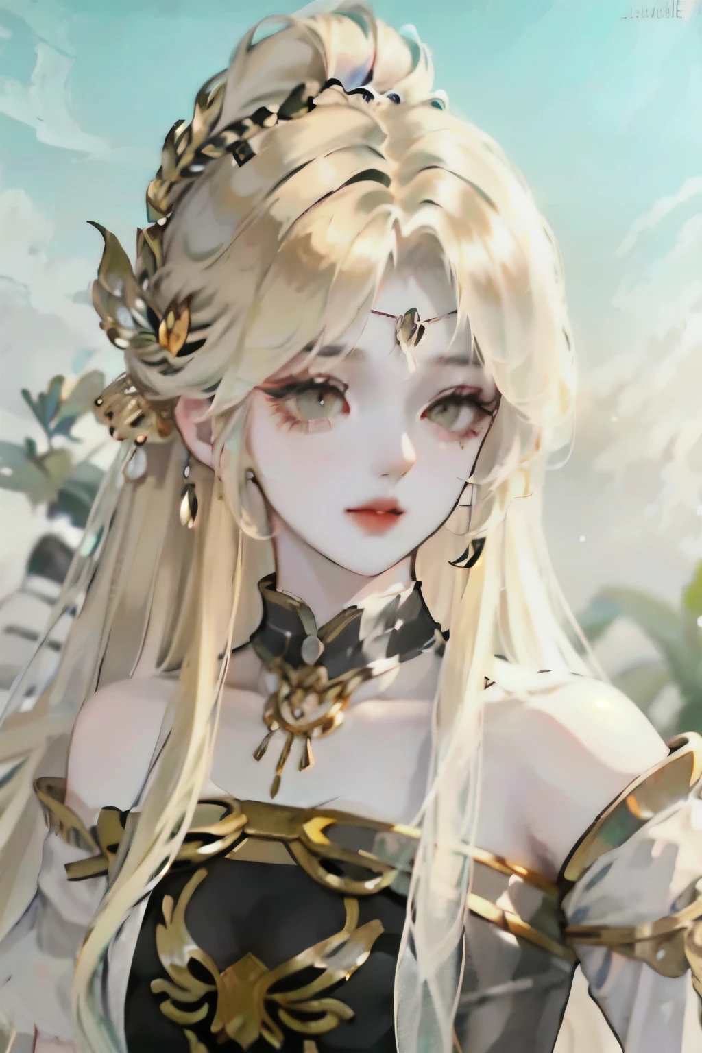 Master works, masterpieces, high quality, extreme detail, classical beauty, (1 female,huge oppai,white long hair), (wearing a loose golden armor), ((delicate face)), (best details), ((green eyes)), ((Golden headdress)),(open pose) ,sun, moon and stars background, ambitious