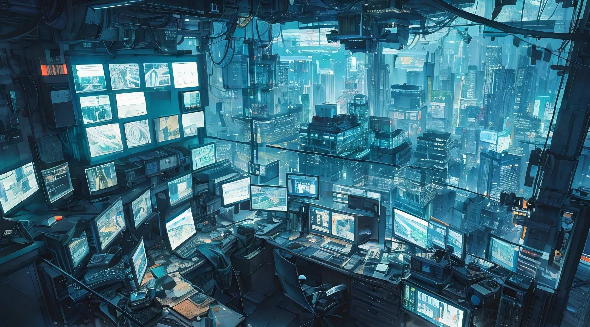 Imagine a narrative centered around a prodigious hacker, immersed in the vibrant chaos of a cyberpunk universe. This character is the epitome of a digital warrior, cloaked in anonymity within the sprawling neon-lit labyrinth of a futuristic city. The scene is set within a high-tech lair, cluttered with advanced computing equipment and multiple screens that cascade with unending streams of code, symbolizing the hacker's mastery over the digital domain. The hacker's appearance is a blend of cyberpunk fashion and practicality, adorned with gadgets and attire that speak to a life lived in the margins of a society dominated by technology. The ambient light from the monitors casts a dynamic glow on their focused face, highlighting a visage of determination and intellect. This character is not just a person but a symbol of resistance against the omnipresent corporate entities that wield power in this future world. Their surroundings are a testament to their skills and lifestyle, featuring a cluttered desk strewn with hacking tools, personal mementos, and the inevitable caffeine fix, standing against a backdrop of a city that never sleeps. The panoramic view from their high-rise hideout offers a glimpse into the cybernetic heart of the city, with its towering skyscrapers, pulsating neon signs, and the ceaseless flow of hovercars. The chosen perspective is intimate yet expansive, capturing the hacker in their element while also providing a view of the cityscape beyond, symbolizing the vast digital networks at their command. The use of a narrow depth of field focuses attention on the hacker, while the sprawling urban environment fades into a bokeh of lights and shadows, emphasizing the contrast between the individual and the colossal scale of their battleground. Lighting is carefully orchestrated to fuse the stark artificial illumination of computer screens with the soft, diffuse glow of the city at night, creating a palette that oscillates between the cold blue of technology