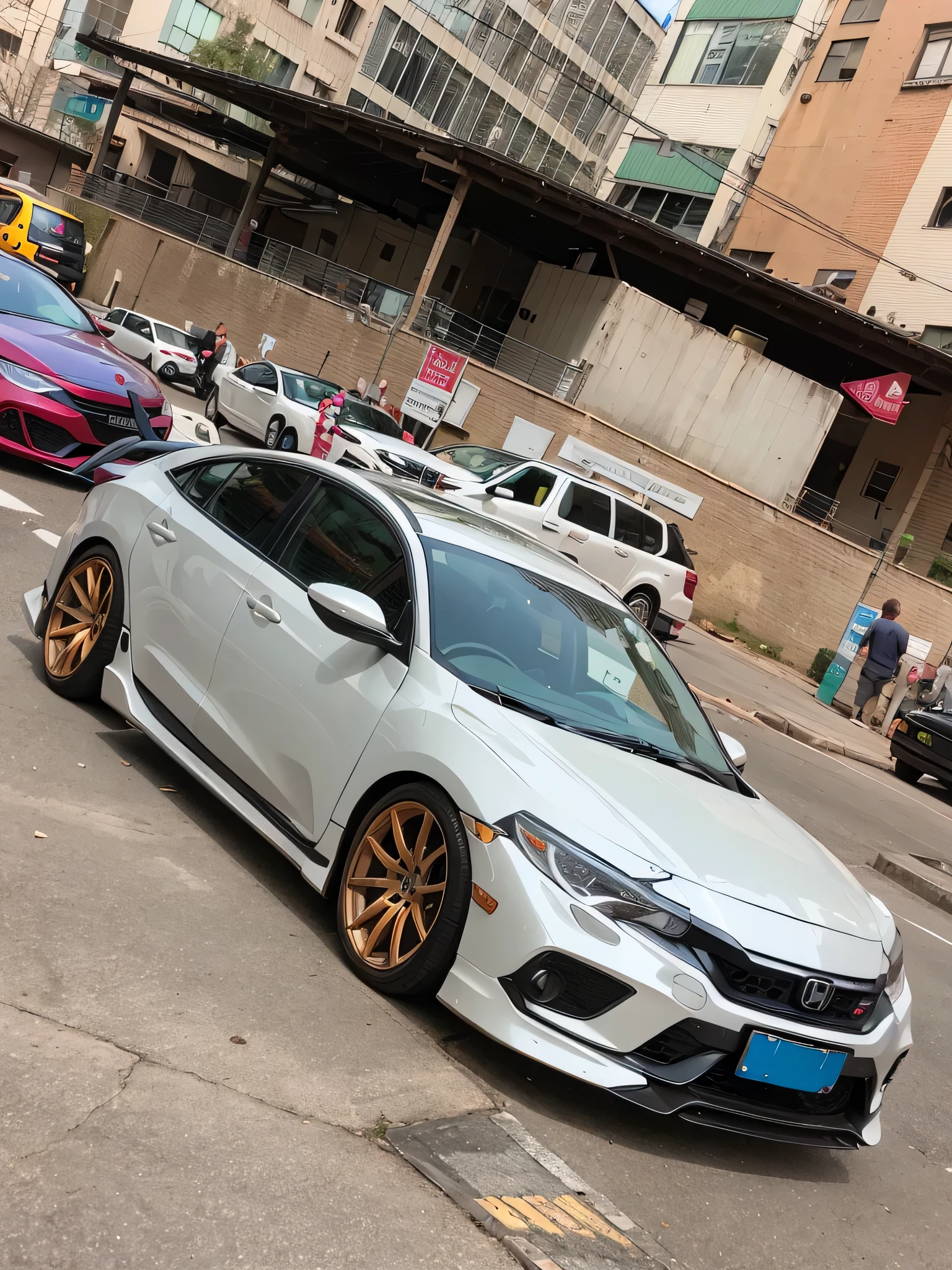 White car parked in parking lot with other cars, wide body, honda civic, That night, front full, front, long front end, ๐คฌ ๐คฎ ๐ ๐, Panoramic view inside the car, s line, Taken on iPhone 14 Pro, 1.8f, ๐๐คก, Pearlescent white