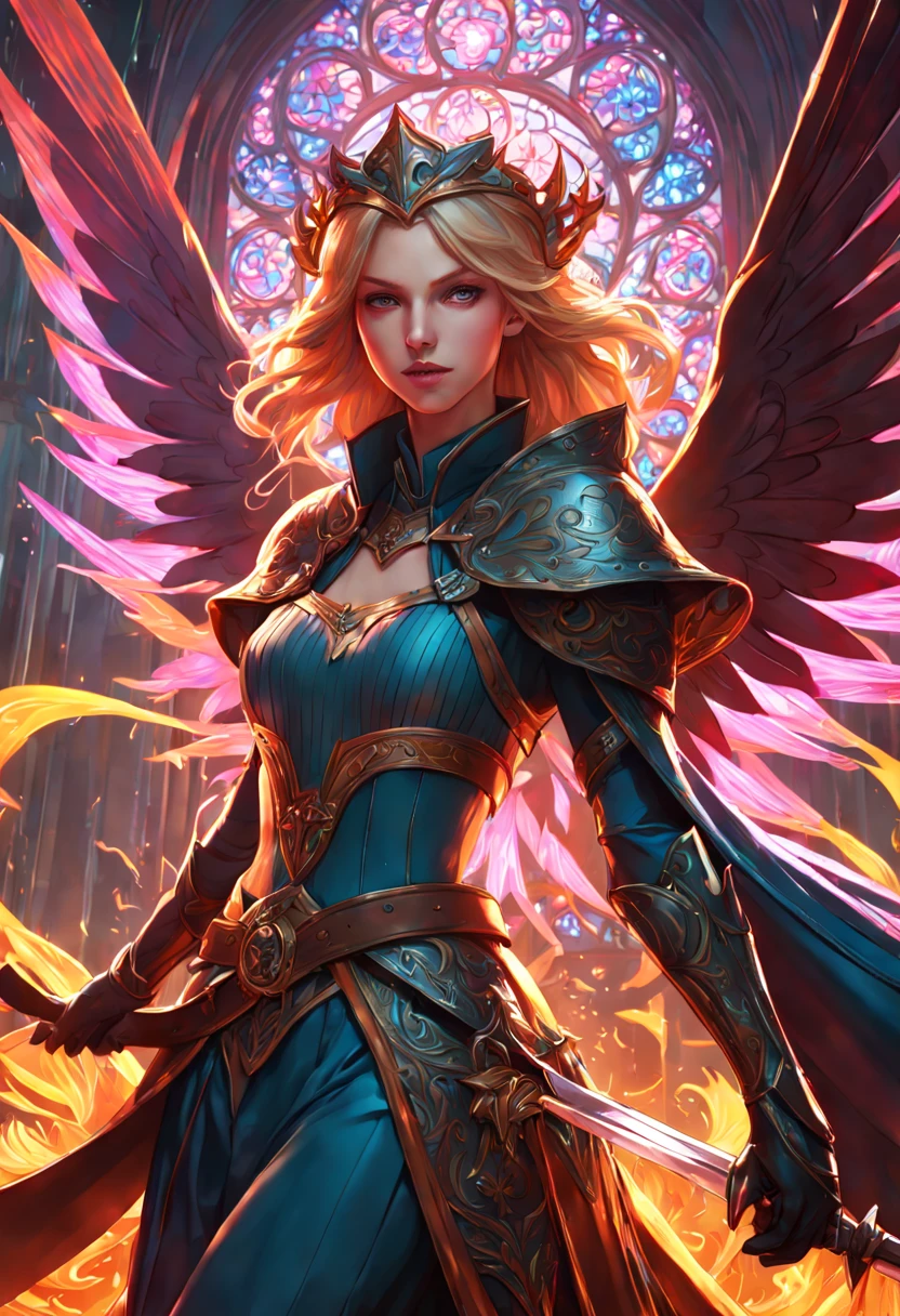 ((Fantasy realism colorful vivid neon lighting)) ((((artist name)))), Hero of Another World/异世界的英雄/異世界の英雄, Medieval fantasy style, highly detailed character, vogue runway fashions details, centre figure, magic, sword, battle, fire, wings, heroism, victory, cinematic environment, ((octane render)), 8k, vivid colors, finely detailed painting by artgerm and greg rutkowski and alphonse mucha