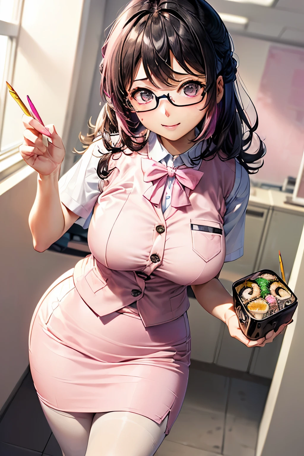 (32k), ((worst quality, low quality)), ((Close-up)), (with a girl:1.2),  (black haired, shortcut:1.3), plump and glossy lips, beautiful clear eyes, (best smile), spoken heart, (((Bento,Bento箱を手に持って:1.5))), (perfect hands:1.3), (cool glasses, under rim:1.2), ((natural beige:0.9) pantyhose:1.3), ((Highly saturated pink) and white theme:1.4), (wearing (pink vest) over a short-sleeved white collared shirt:1.4), (button up:1.3), (tight (pink pencil skirt):1.4), (matte textured clothes:1.3), (high heels:1.1), (((office:1.3))), ((shining sun light)), low angle shot, table top,highest quality,super detailed, masterpiece,
