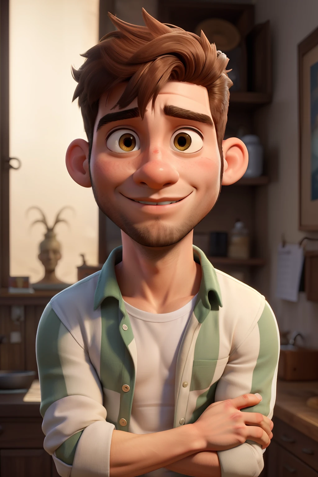 ((melhor qualidade)), ((obra de arte)), (detalhado), rosto perfeito, homem, barba curta , moreno, cabelos pretos , uniforme de mecanico, camisa branca social