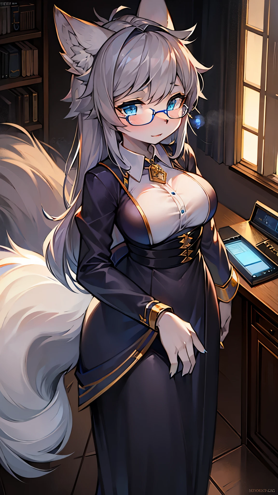 Big tail wolf gray hair female blue eyes girl，Scholar dress-up，Round gold-rimmed glasses