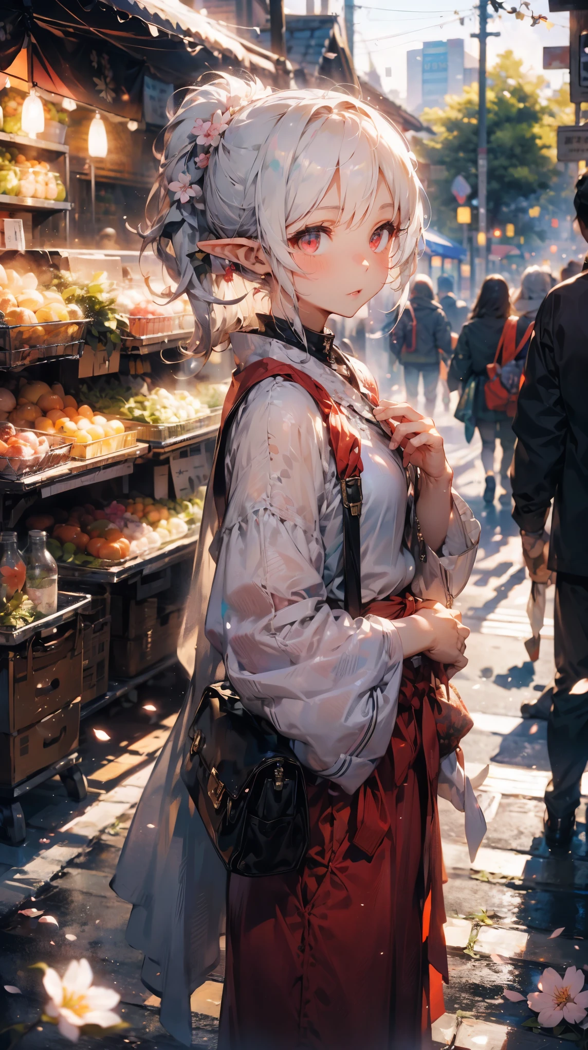 elf mature ,mature woman, beautiful face ,white hair,ponytail,hair up sakura blossom , blossom scatter,red eyes,inside tavern , people in background