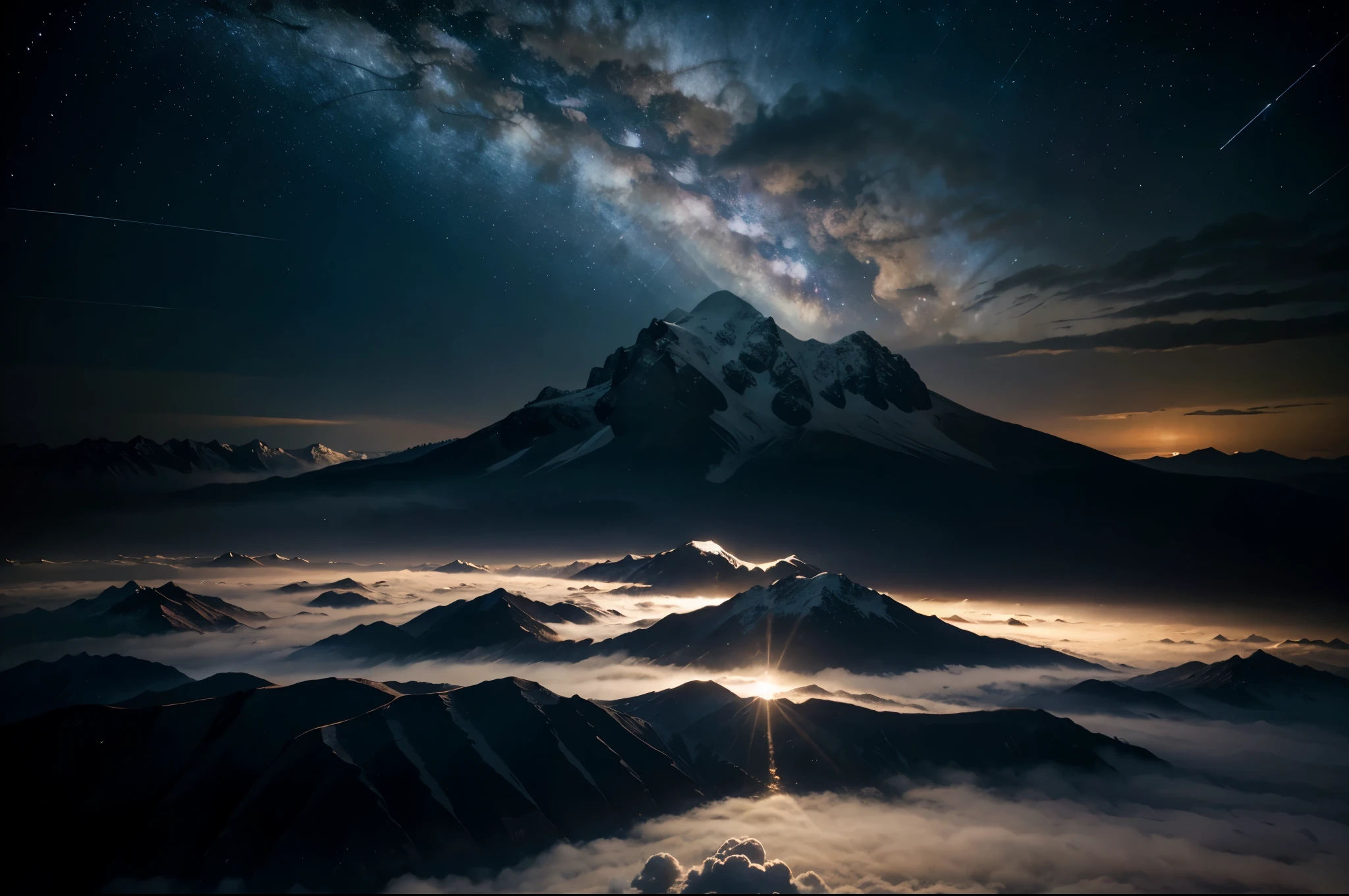 Cinematic. hd, 8k, ultra high definition, Dramatic visuals of the sky in turmoil, with the sun moon and stars visibly dimming, creating a stark contrast between light and shadow that plays across the landscapes below
