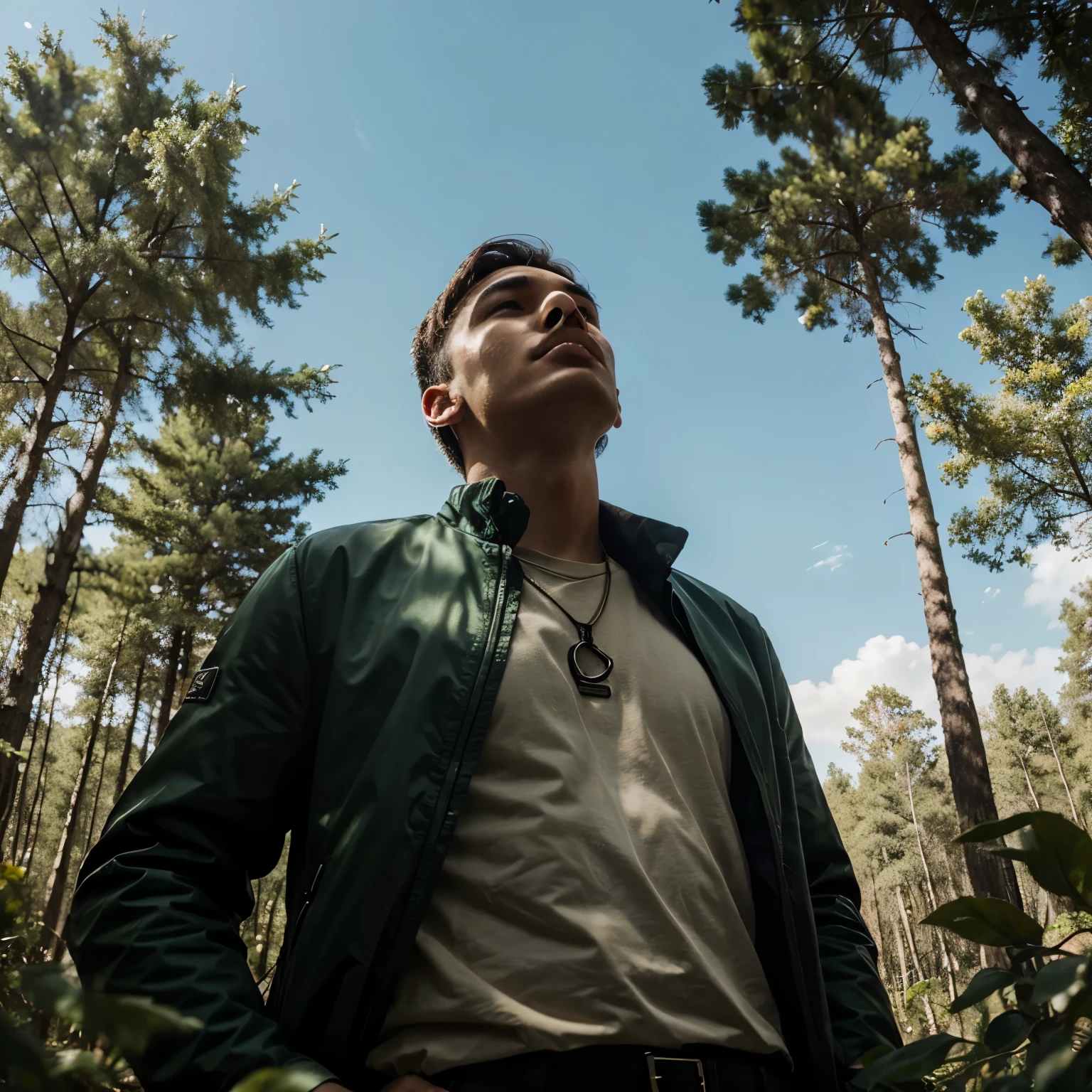 Yung man in Forest looking up The Sky