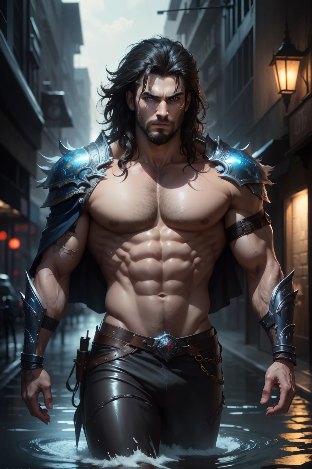 (masterpiece, best quality:1.2), ultra-detailed, detailed face, detailed lips and eyes, attractive appearance, realistic, FRED barbarian man with black hair, messy hair, slight beard, ferocious expression, strong build, intense gaze, veins bulging on his neck, 185 cm height, 32 years old,
BREAK handsome cool warrior, ultra detailed transparent water body, glowing blue eyes, imargin/walking from water portal, glowing night street, magical and urban atmosphere, cinematic lighting