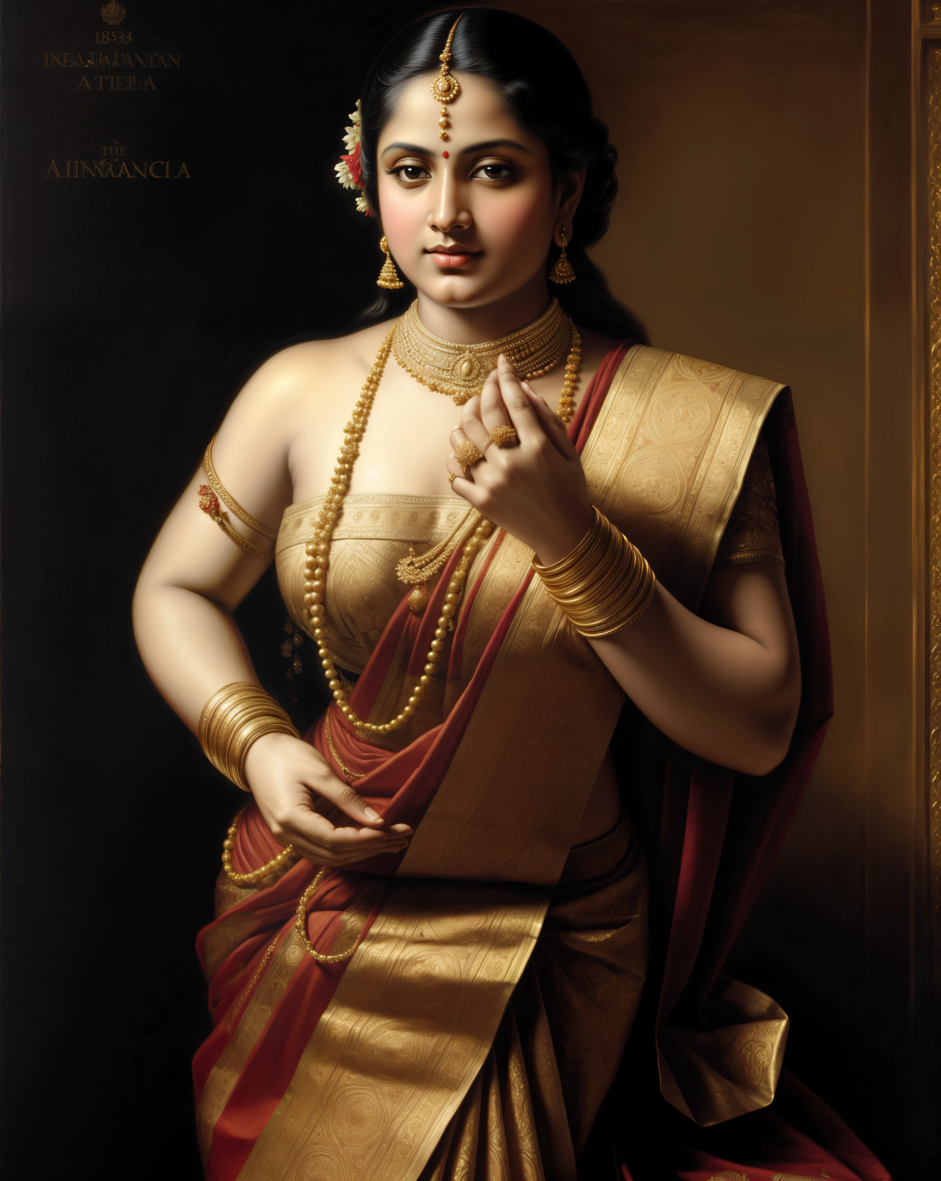 Beautiful Indian Woman, wearing saree, sari Beauty, gorgeous, Apsara, Maharani, royal queen woman, nymph from Hindu Mythology, Urvashi, matchless beauty, Highly detailed, Oil Painting by Peter Paul Rubens inspired by Raja Ravi Varma, Matchless beauty, captivating, gorgeous, heavenly beauty, celestial beauty, by Peter Paul Rubens, 1893, realistic, hyper realistic, micro details, incredible artwork, insane details, ultra High resolution, 8k, 32k, acrylic on canvas, intricate, flawless, detailed, detailed face, detailed eyes, masterpiece, by Peter Paul Rubens, by Caravaggio, by William Adolphe bouguereau, perfect face, perfect body, beautiful art, realism, baroque, renaissance Art, highly textured, beautiful and detailed eyes, uhd, best quality,