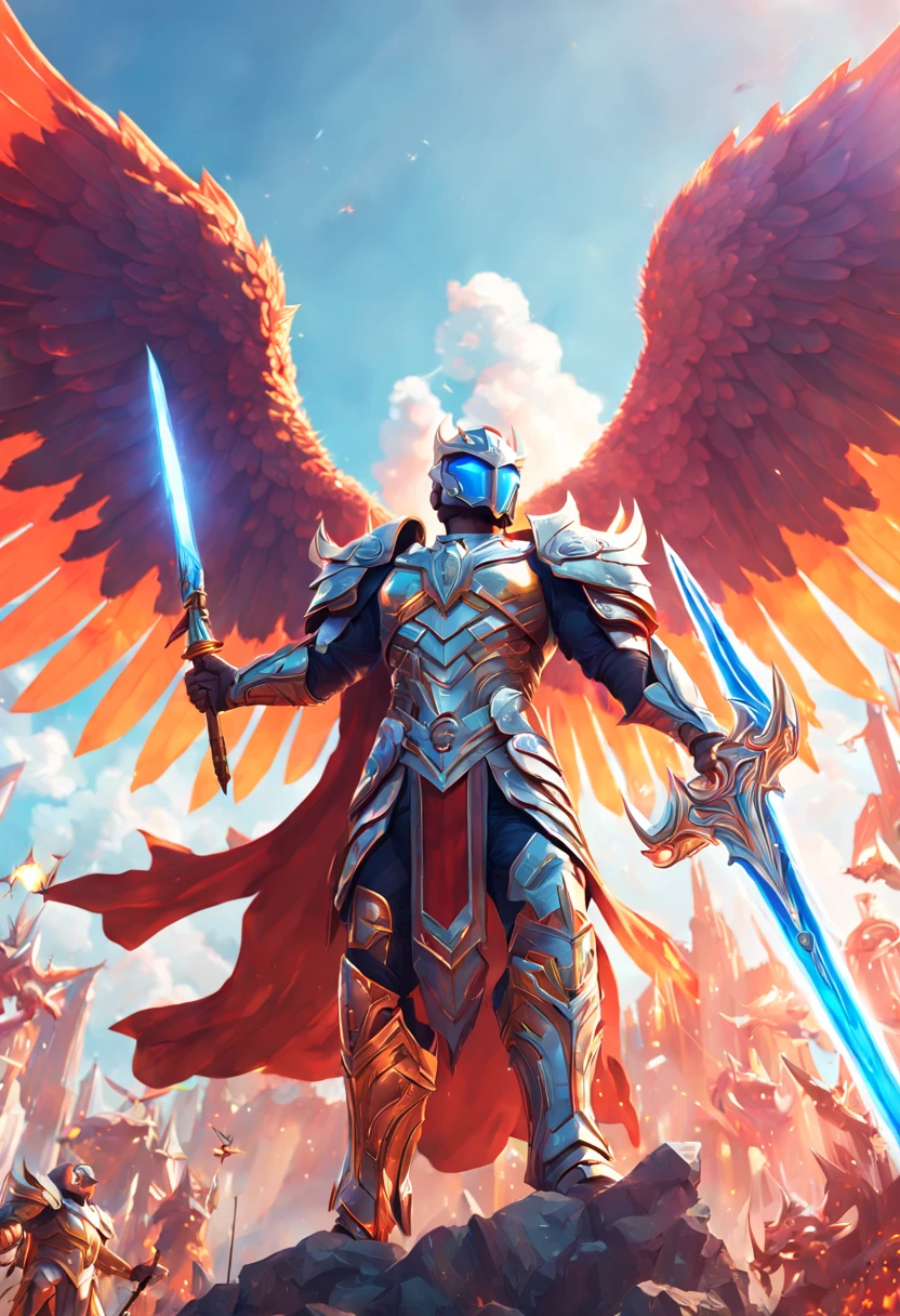 A highly detailed digital art illustration of a mighty hero standing victorious over a fiery fantasy battle scene, with large outstretched angel wings, wearing exquisite neon colored armor, holding a glowing futuristic sword high to the skies, celebrating triumph over evil forces, rendered in Unreal Engine 5 with volumetric lighting, Depth of Field blur, 8K Resolution.
((35mm lens)), cinematic lighting, dramatic low angle view looking up at the hero, extremely detailed, illustration by artgerm, loish, rossdraws