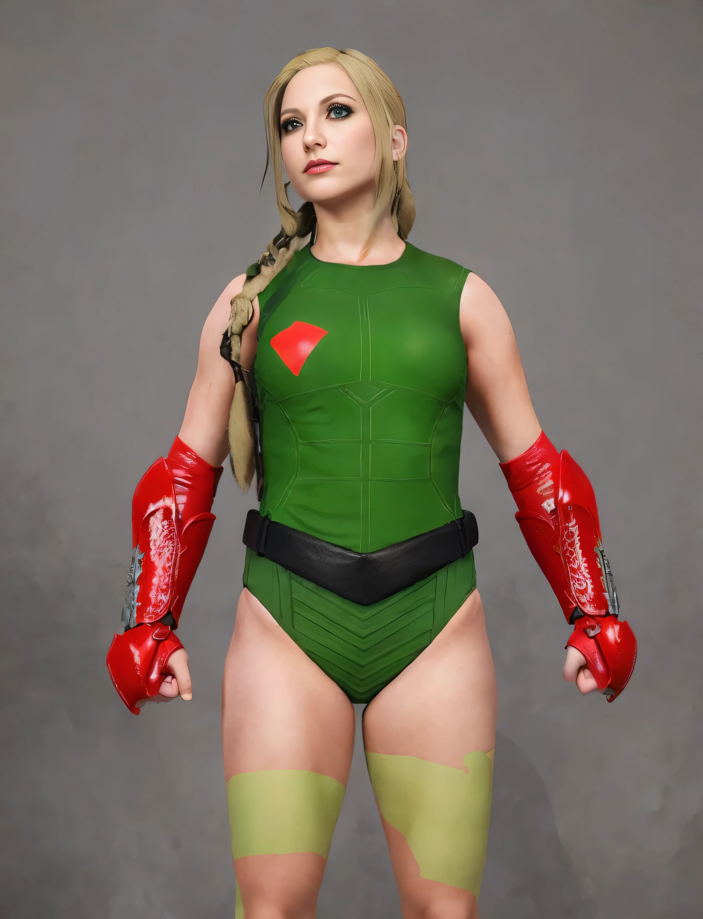 ((masterpiece, best quality)), ((23 year old)), (((Curvy))), ((Cammy from Street Fighter)), in ((engraved green high cut leotard)), (red combat bracers), black leather belt, green camo leg-paint, ((((photo realistic))))