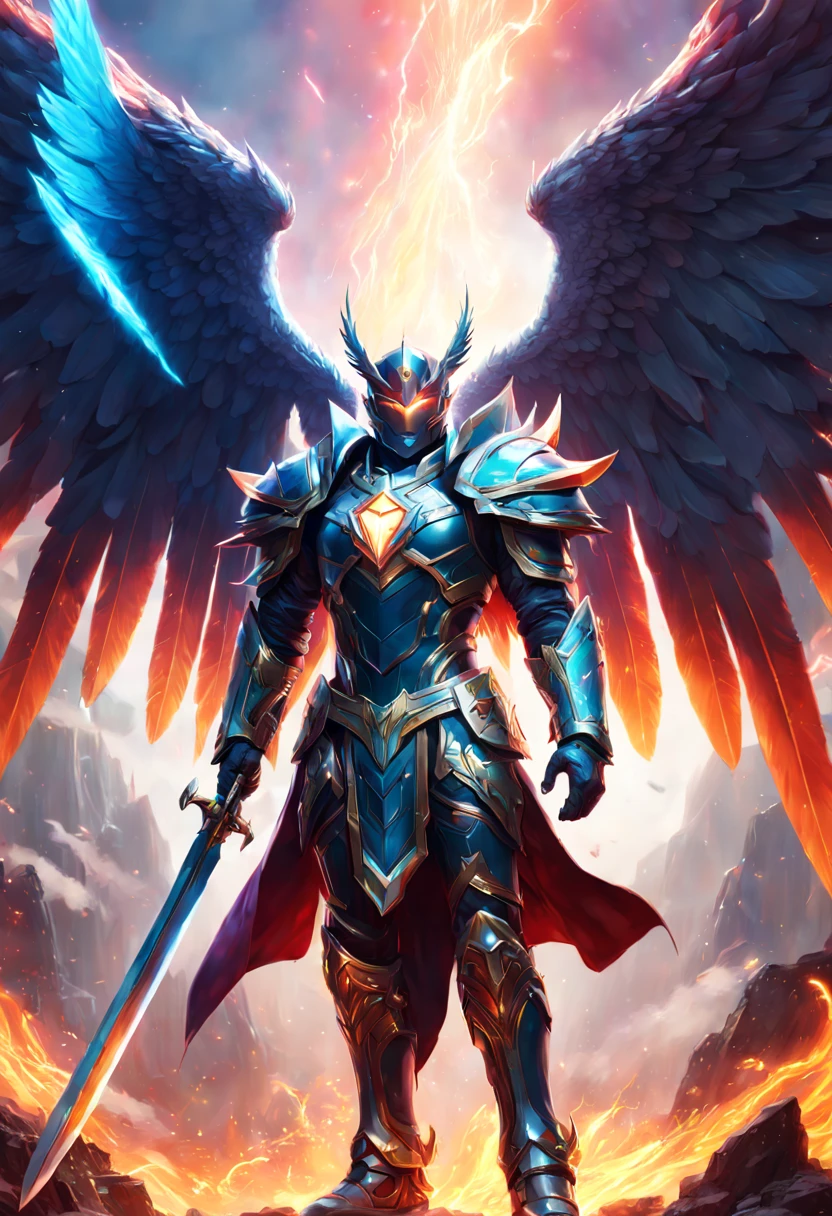 A highly detailed digital art illustration of a mighty hero standing victorious over a fiery fantasy battle scene, with large outstretched angel wings, wearing exquisite neon colored armor, holding a glowing futuristic sword high to the skies, celebrating triumph over evil forces, rendered in Unreal Engine 5 with volumetric lighting, Depth of Field blur, 8K Resolution. ((35mm lens)), cinematic lighting, dramatic low angle view looking up at the hero, extremely detailed, illustration by artgerm, loish, rossdraws