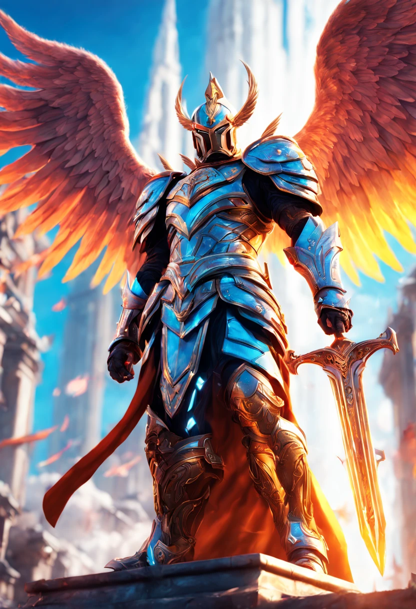 A highly detailed digital art illustration of a mighty hero standing victorious over a fiery fantasy battle scene, with large outstretched angel wings, wearing exquisite neon colored armor, holding a glowing futuristic sword high to the skies, celebrating triumph over evil forces, rendered in Unreal Engine 5 with volumetric lighting, Depth of Field blur, 8K Resolution. ((35mm lens)), cinematic lighting, dramatic low angle view looking up at the hero, extremely detailed, illustration by artgerm, loish, rossdraws