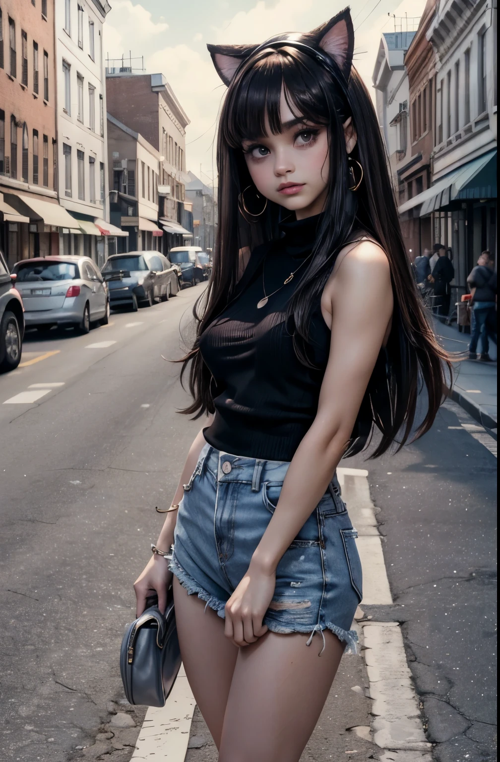 solo, shy, Standing at attention, clear light skin, very long straight brown hair with a dark purple tint, very Young girl, Beautiful Finger, Beautiful long legs, Beautiful body, perfect brown eyes, expressive eyes, looking at viewer, 8k wallpaper, perfect lighting, masterpiece, (Beautiful small Breasts:1.2), (slender girl), rounded face, bangs between the eyes, parororo, (on the street in small town:1.3), summer day, band on the head in the form of cat ears, denim microshort, loose sweater with open shoulders, long disheveled hair, look at you, russian, beckyG