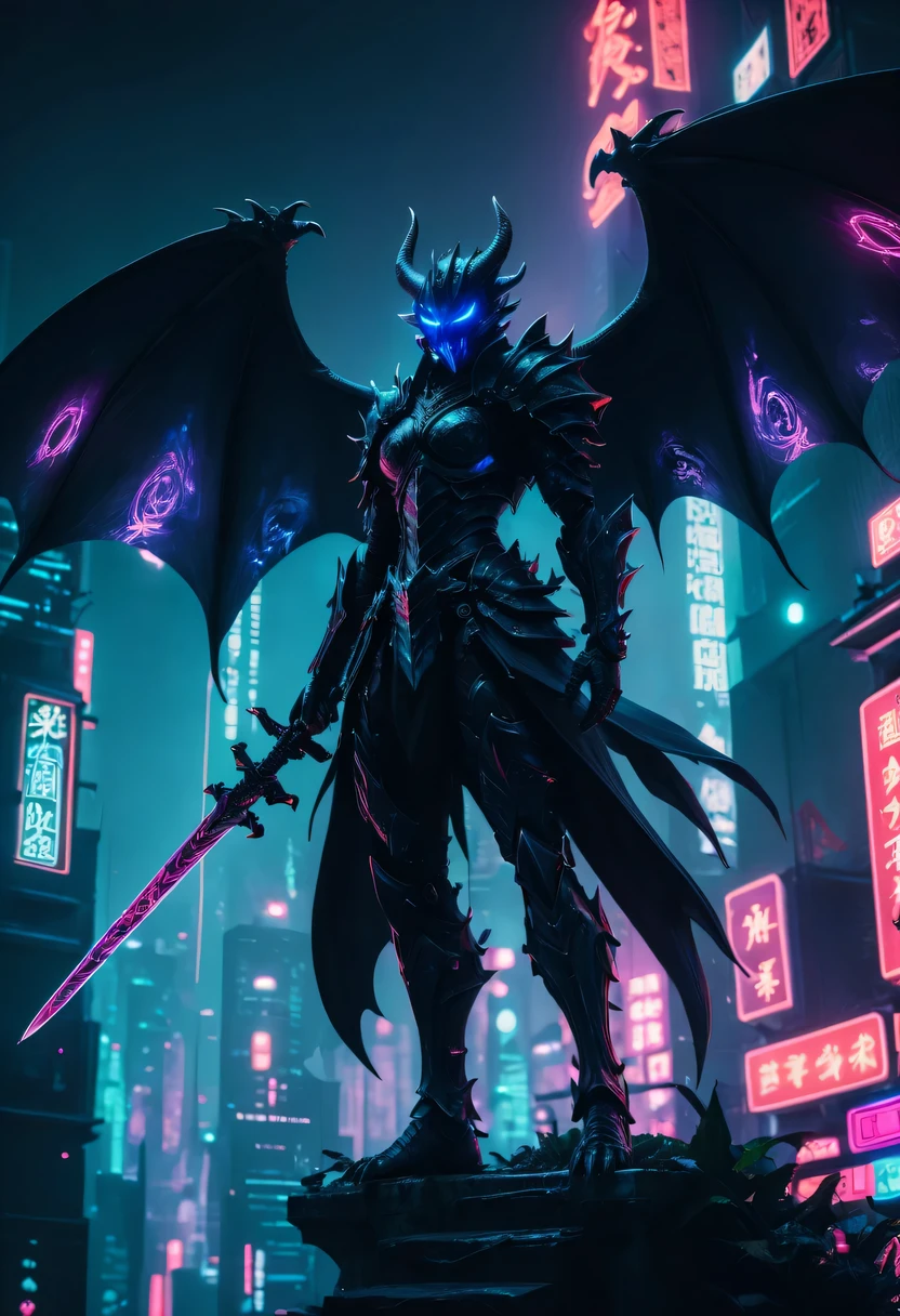 恶灵knight骑哈雷戴维森,high quality,best quality,real,Surreal,Super details,masterpiece,high resolution,8k,Very realistic,Hellbringers,Black-scaled youkai, Black-scaled youkai,red eyes,meniscus,a close up of a person with a sword and a demon, dragon scales, Dark black scaly yokai,Demon bat wings,Epic fantasy digital art style, 恶魔Black-scaled youkai, knight, and Mumford Tom Bagshaw.., dark fantasy style art, epic fantasy art style, 龙knight, dark fantasy art style, Shadow scales, epic fantasy art style HD, 黑暗幻想number艺术,"artistic image type: {Perched atop a cybernetic dragon, Masked woman investigates the vast cyber metropolis below. mask, Incorporate neon lights, Contrast her technically enhanced body, Embedded LEDs and retractable technology weapons shine. In a striking pose, She seems ready for action, A fusion of ancient legends and future visions}, 龙knight Ghost, Excellent location,city View, (Vibrant neon lights:1.5), (number:1.25), (4k:1.2). environment: panoramic view of a city,Bats fly across the skyline."