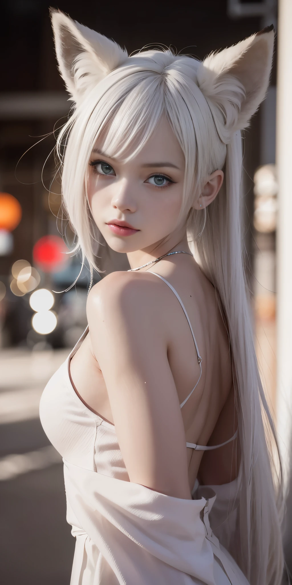 blank \(nod\),playboy bunny, Bunny ears, pantyhose, Fishnet tights legwear, white leotard, white long hair, yellow eyes, Fishnet tights, tie,
(huge breasts:1.2, Upper body, From above, camel toe, ) white panties,
jewelry, put your hand on your chest,See-through, looking at the viewer, hair ornaments, choker, shy, smile,
(masterpiece, highest quality, highest quality, official art, beautiful and aesthetic:1.2), (1 girl), very detailed, colorful, most detailed,
city,street, lean, wall, sun, cloud,